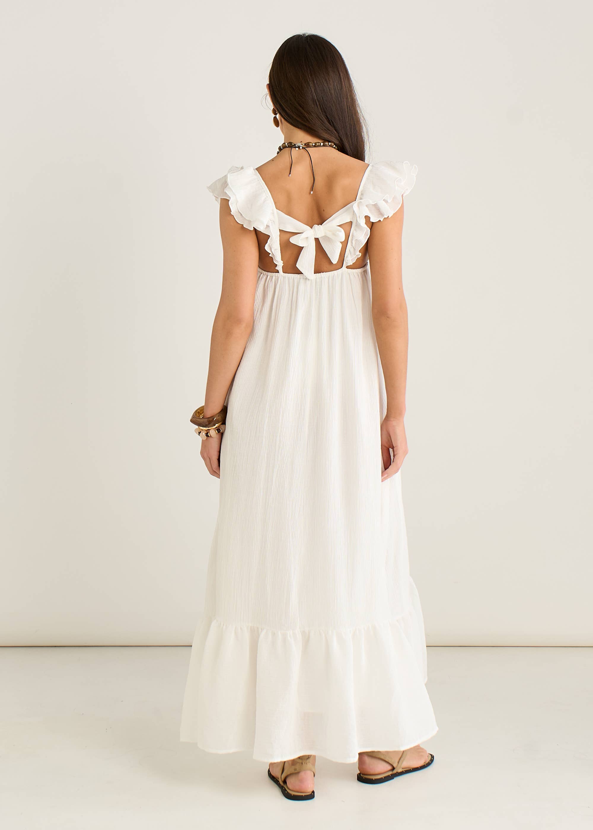 White Ruffle Short Sleeve Viscose Maxi Dress