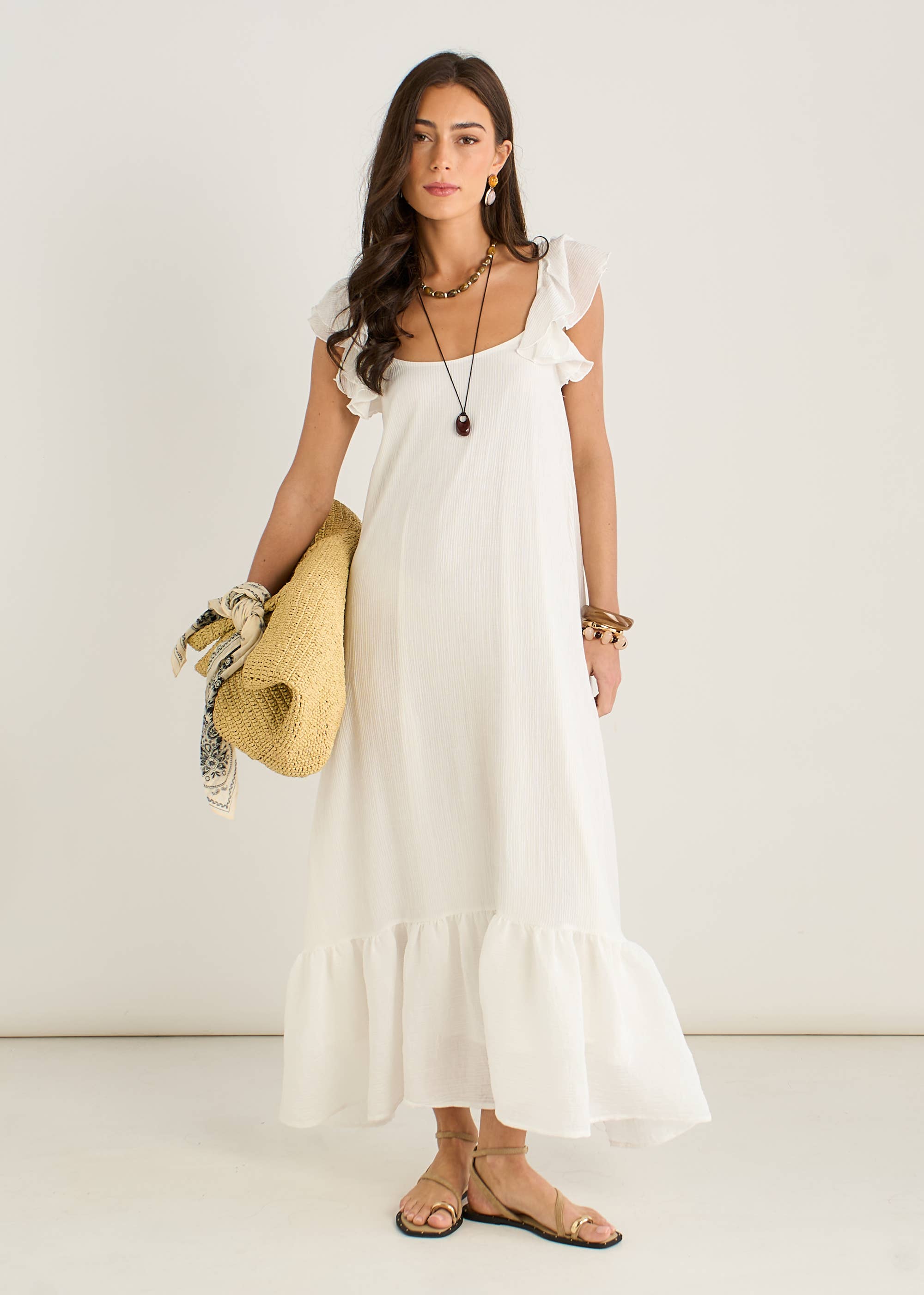White Ruffle Short Sleeve Viscose Maxi Dress