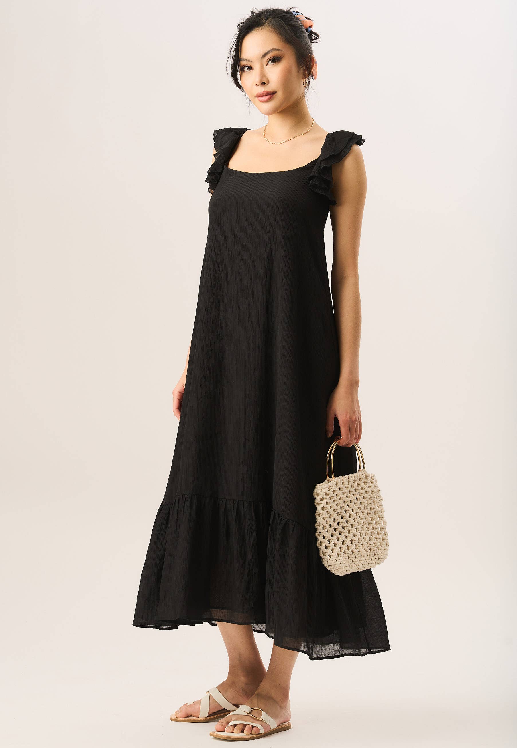 Black Ruffle Short Sleeve Viscose Maxi Dress