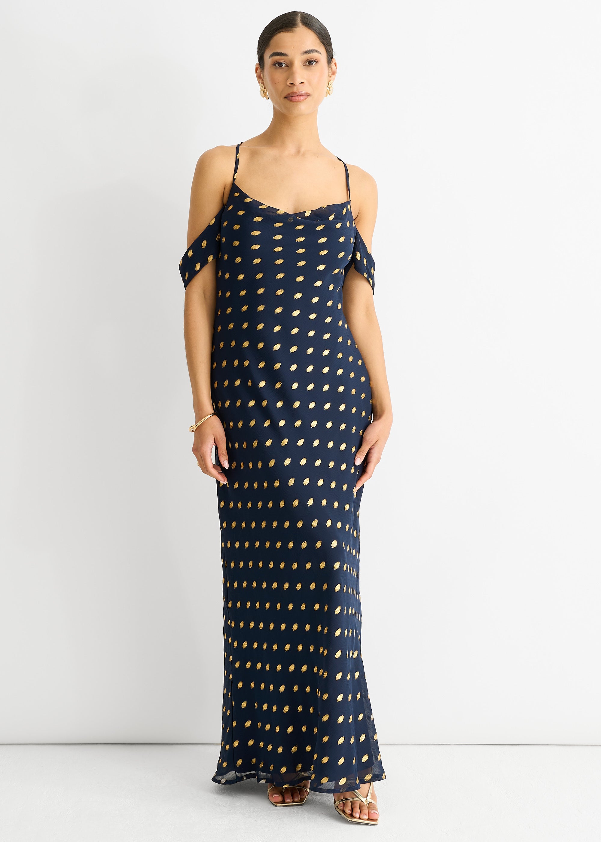 Cowl Neck Drop Sleeves Foil Maxi Dress