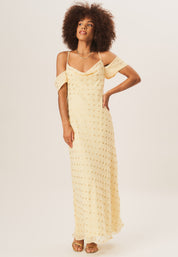 Yellow Cowl Neck Drop Sleeves Foil Maxi Dress