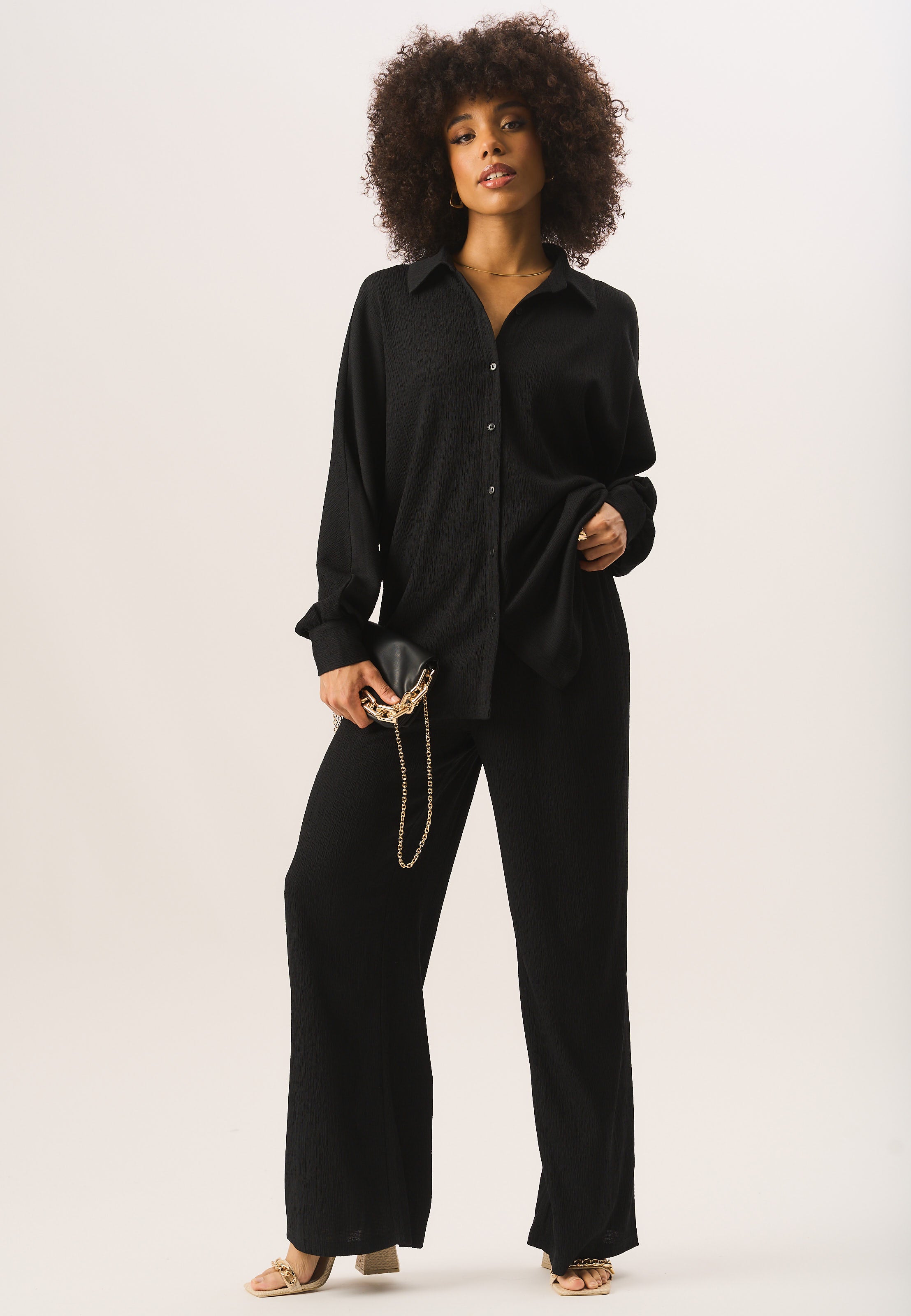 Black Textured Oversize Fit Long Sleeves Shirt