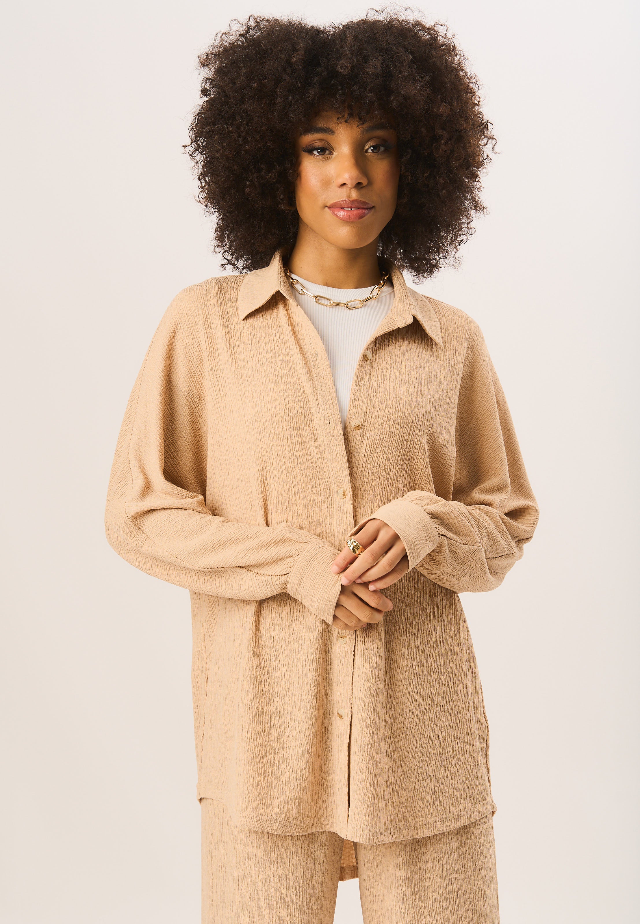 Camel Textured Oversize Fit Long Sleeves Shirt