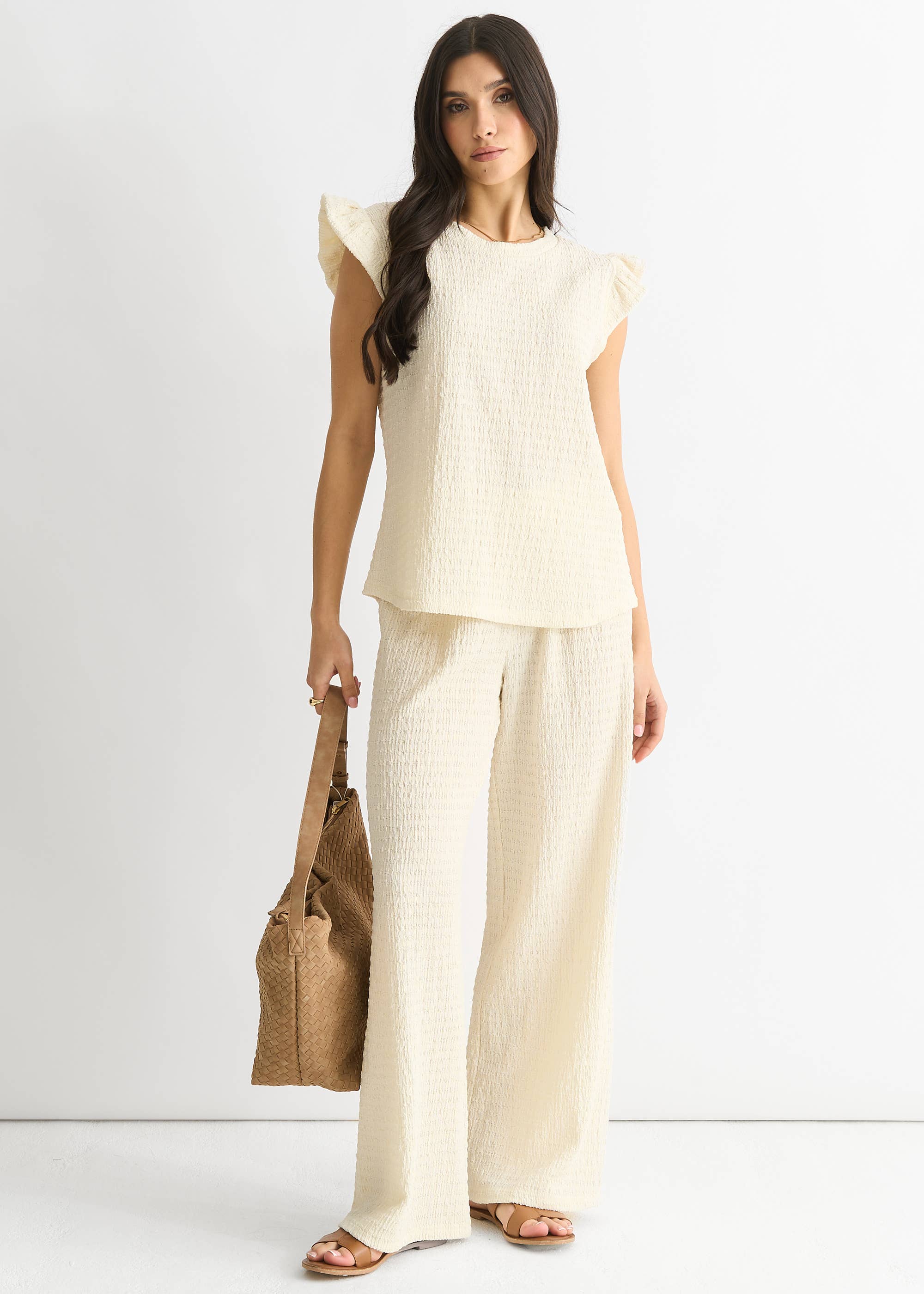 Ivory Frill Sleeves Textured Oversized Top