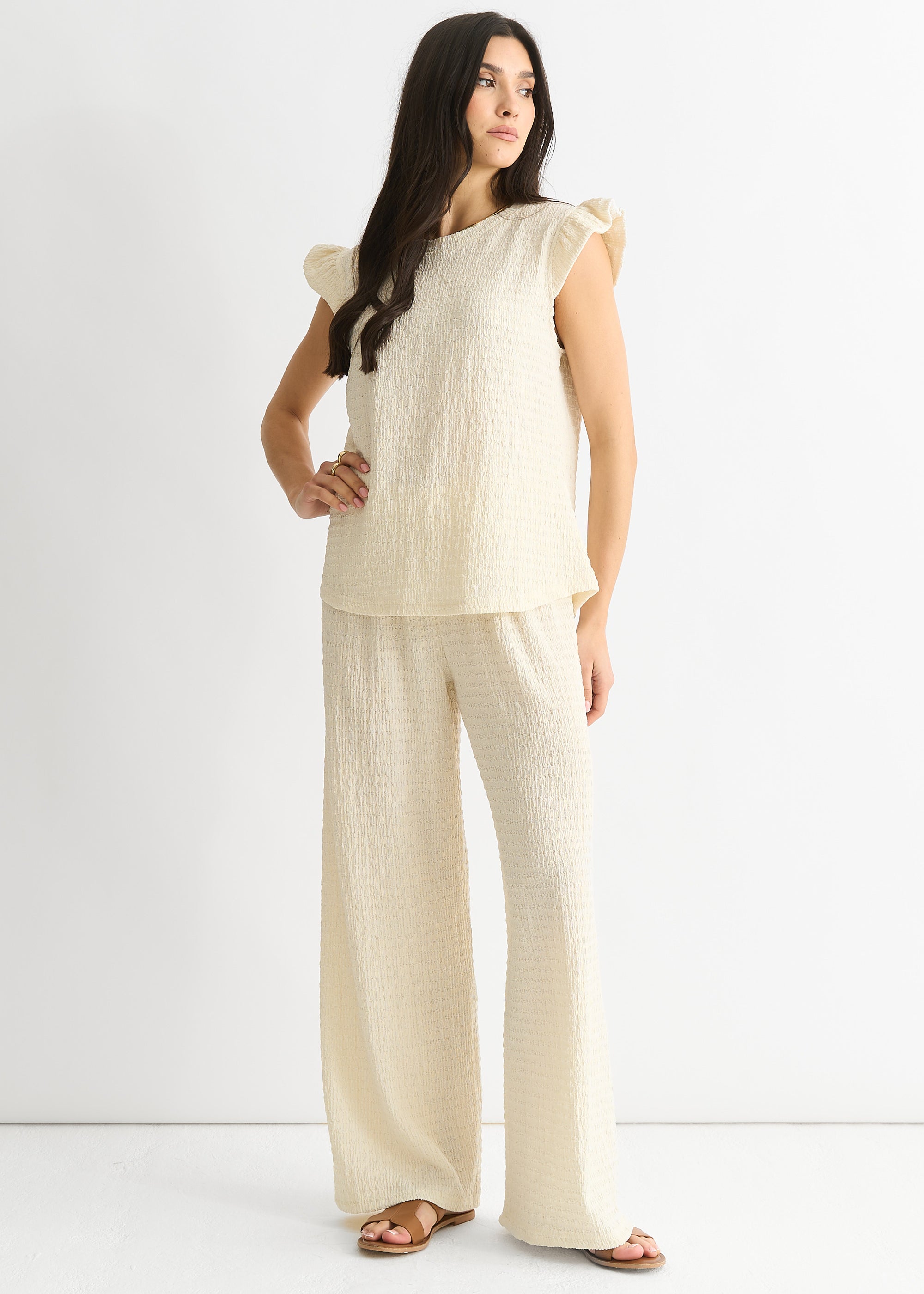 Ivory Textured Elastic Waist Pull On Trousers