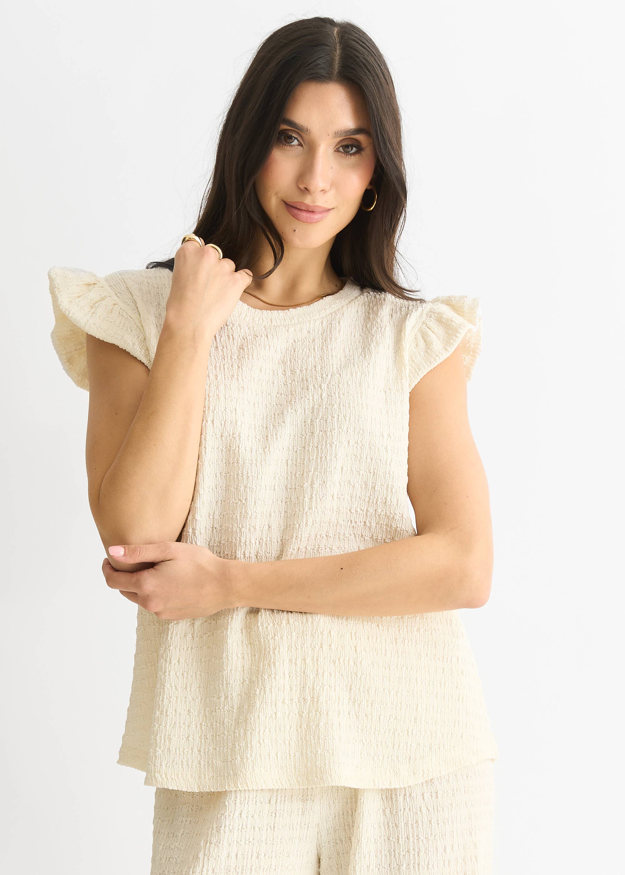 Ivory Frill Sleeves Textured Oversized Top