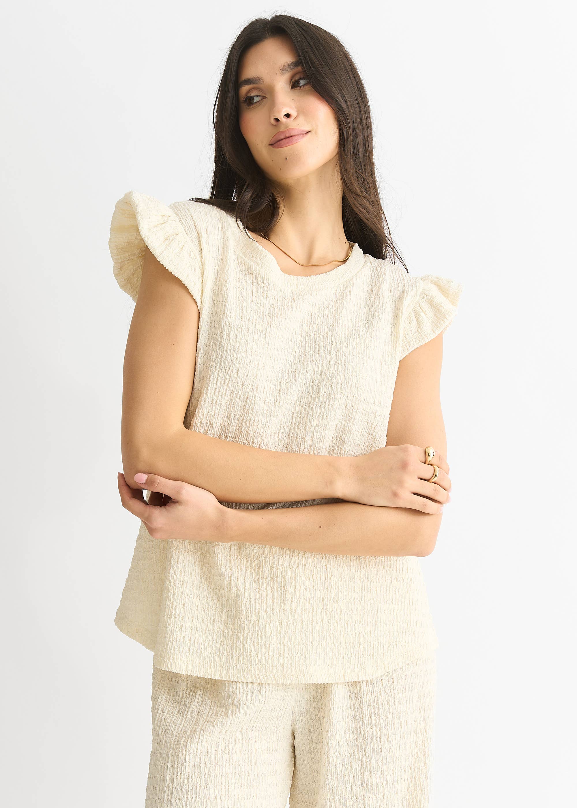 Ivory Frill Sleeves Textured Oversized Top