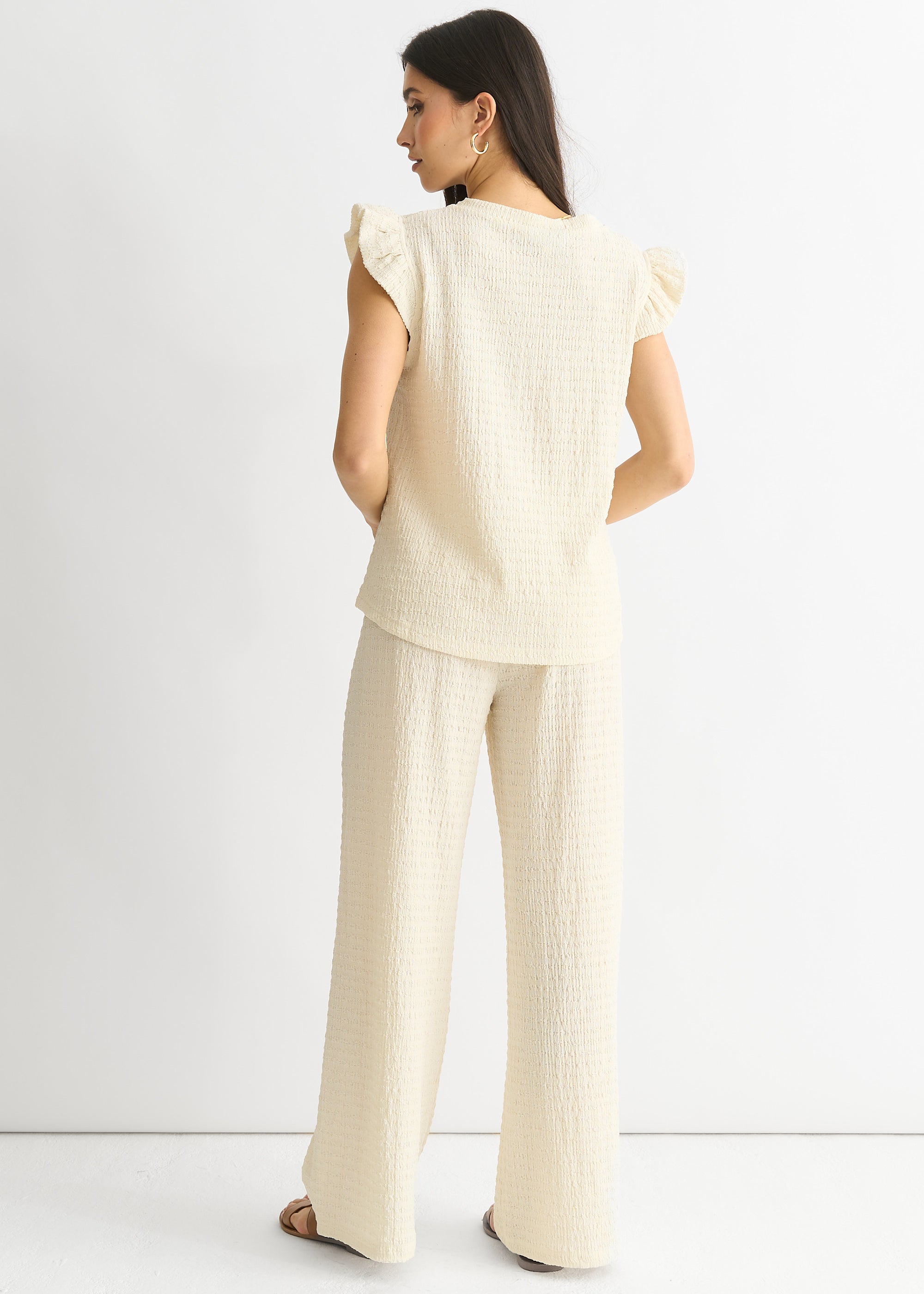 Ivory Textured Elastic Waist Pull On Trousers