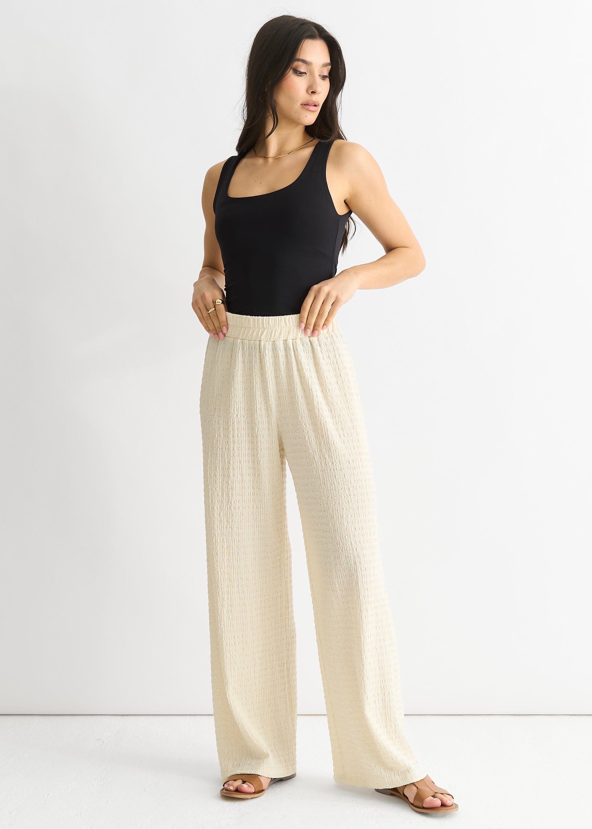 Ivory Textured Elastic Waist Pull On Trousers