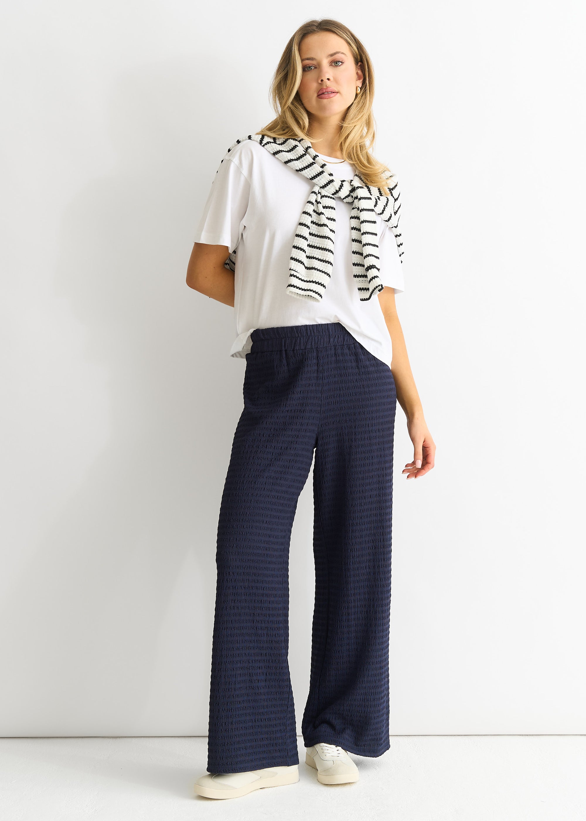 Dark Blue Textured Elastic Waist Pull On Trousers