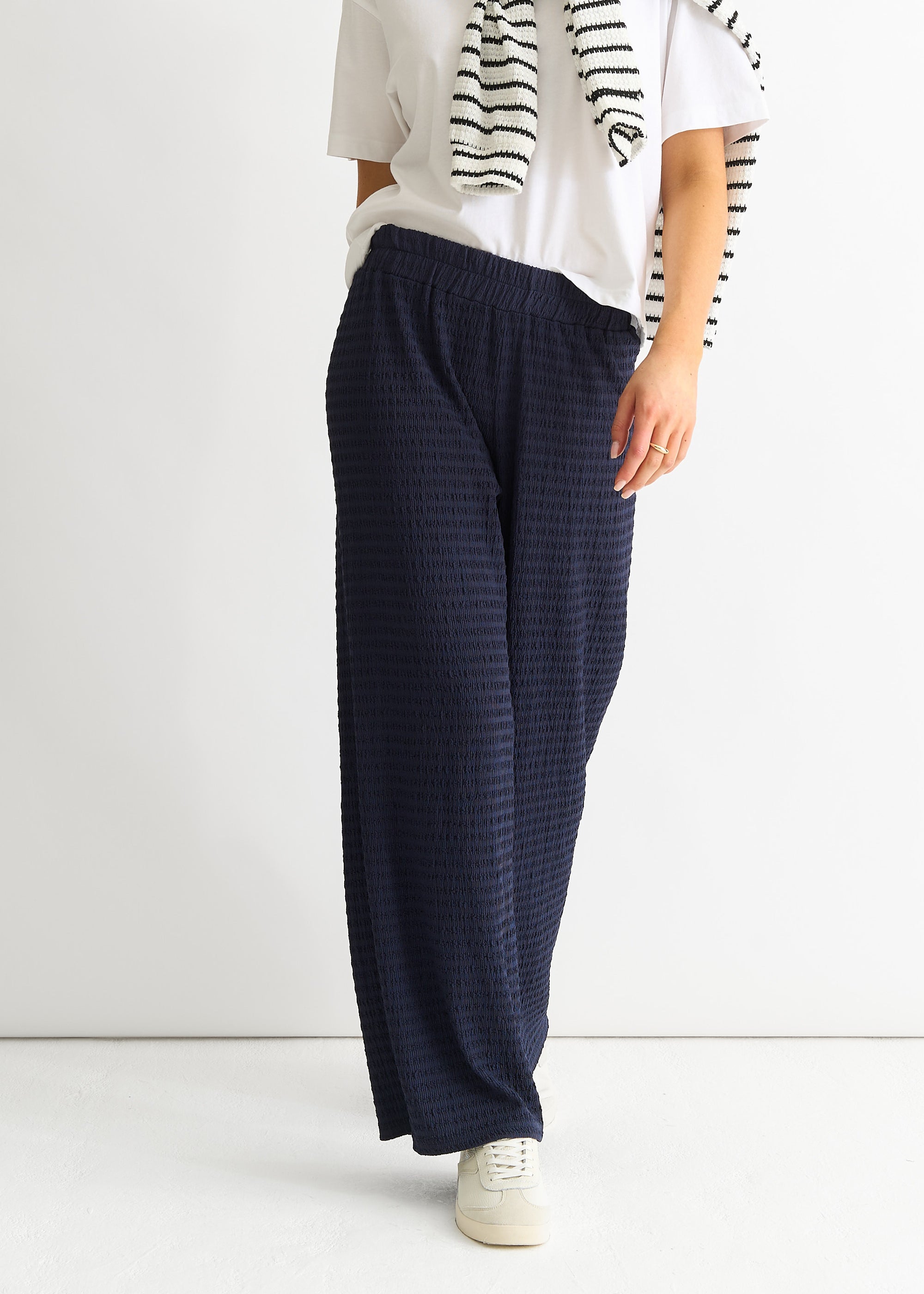 Dark Blue Textured Elastic Waist Pull On Trousers