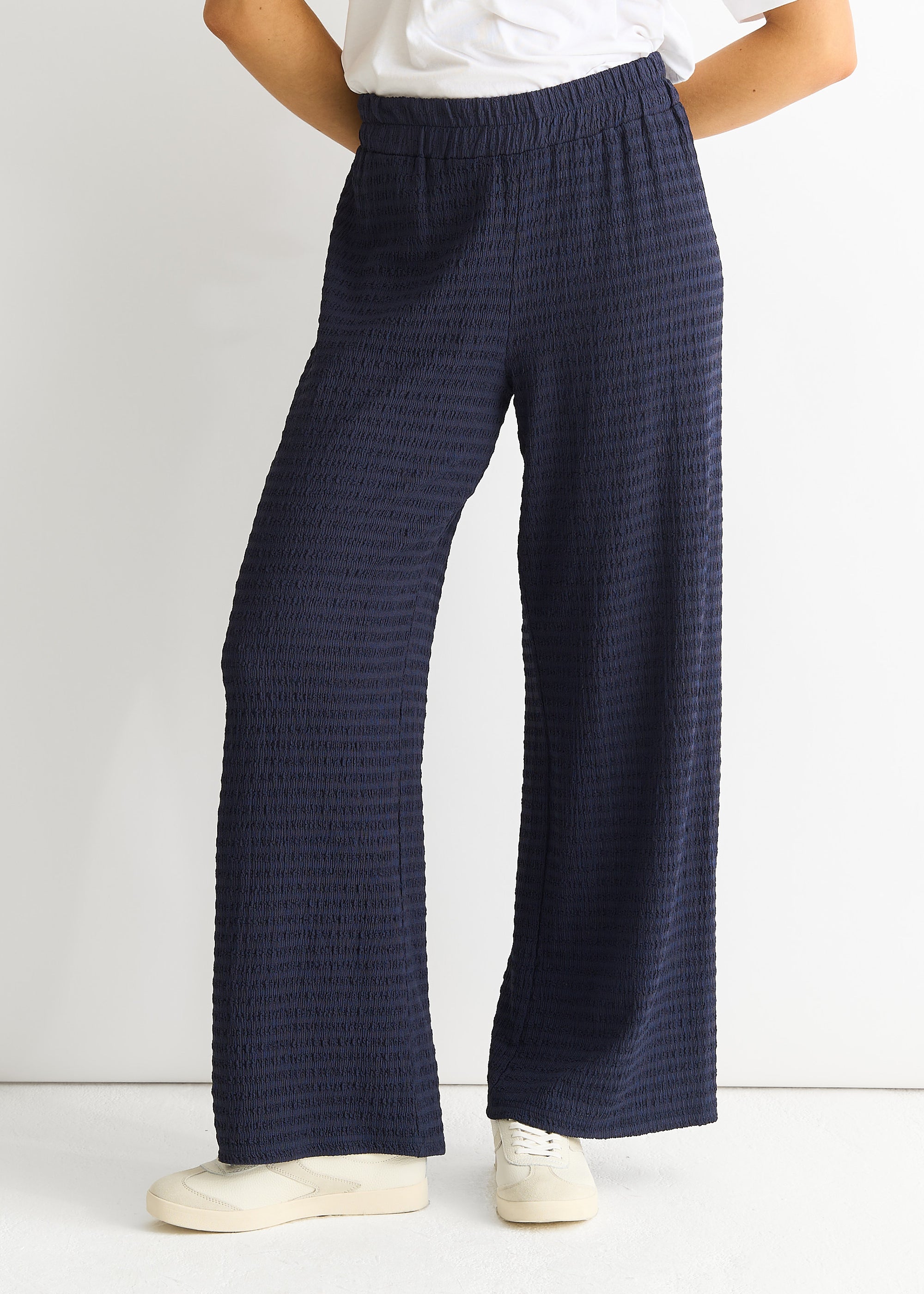 Dark Blue Textured Elastic Waist Pull On Trousers