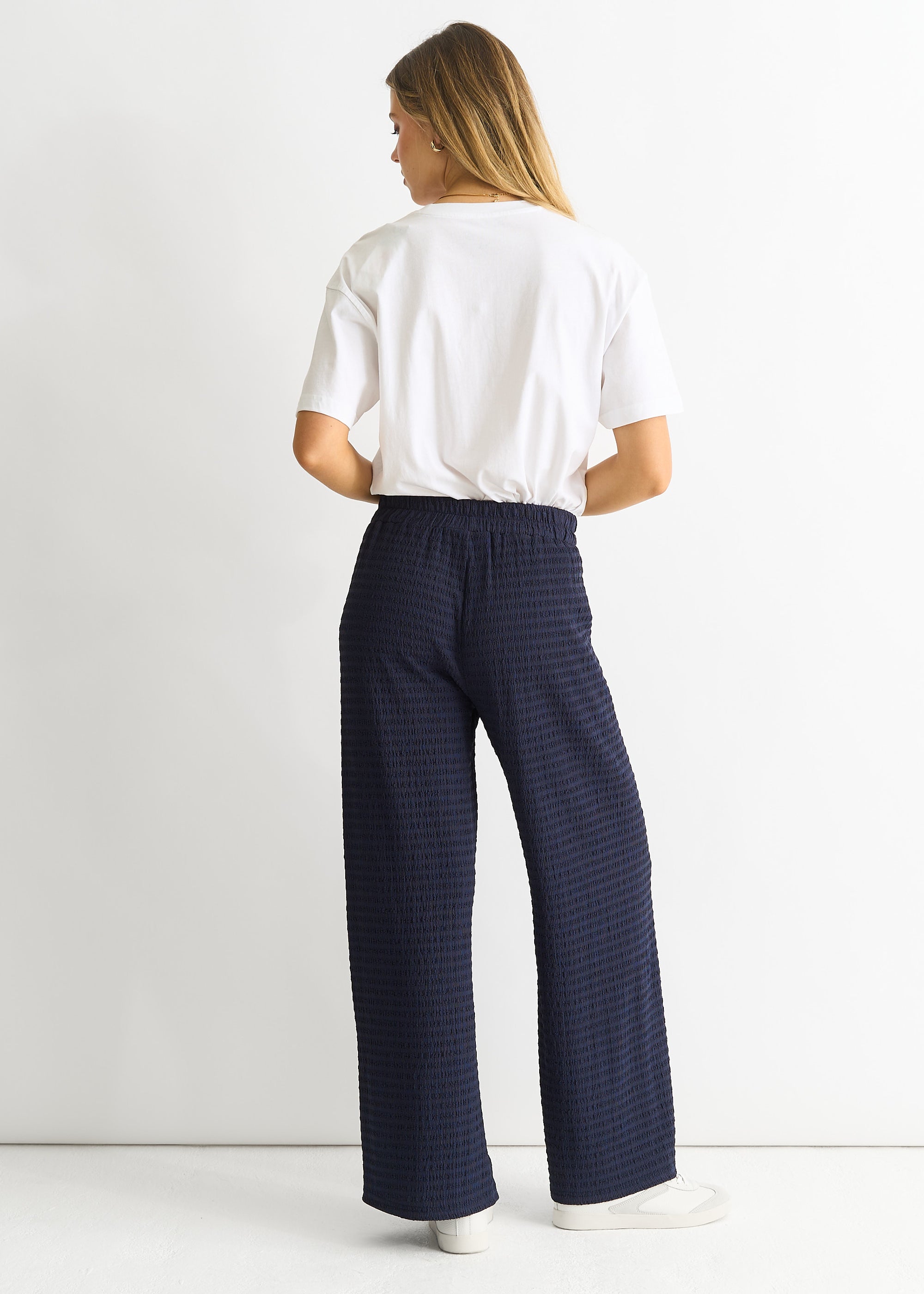 Dark Blue Textured Elastic Waist Pull On Trousers