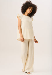 Ivory Textured Elastic Waist Pull On Trousers