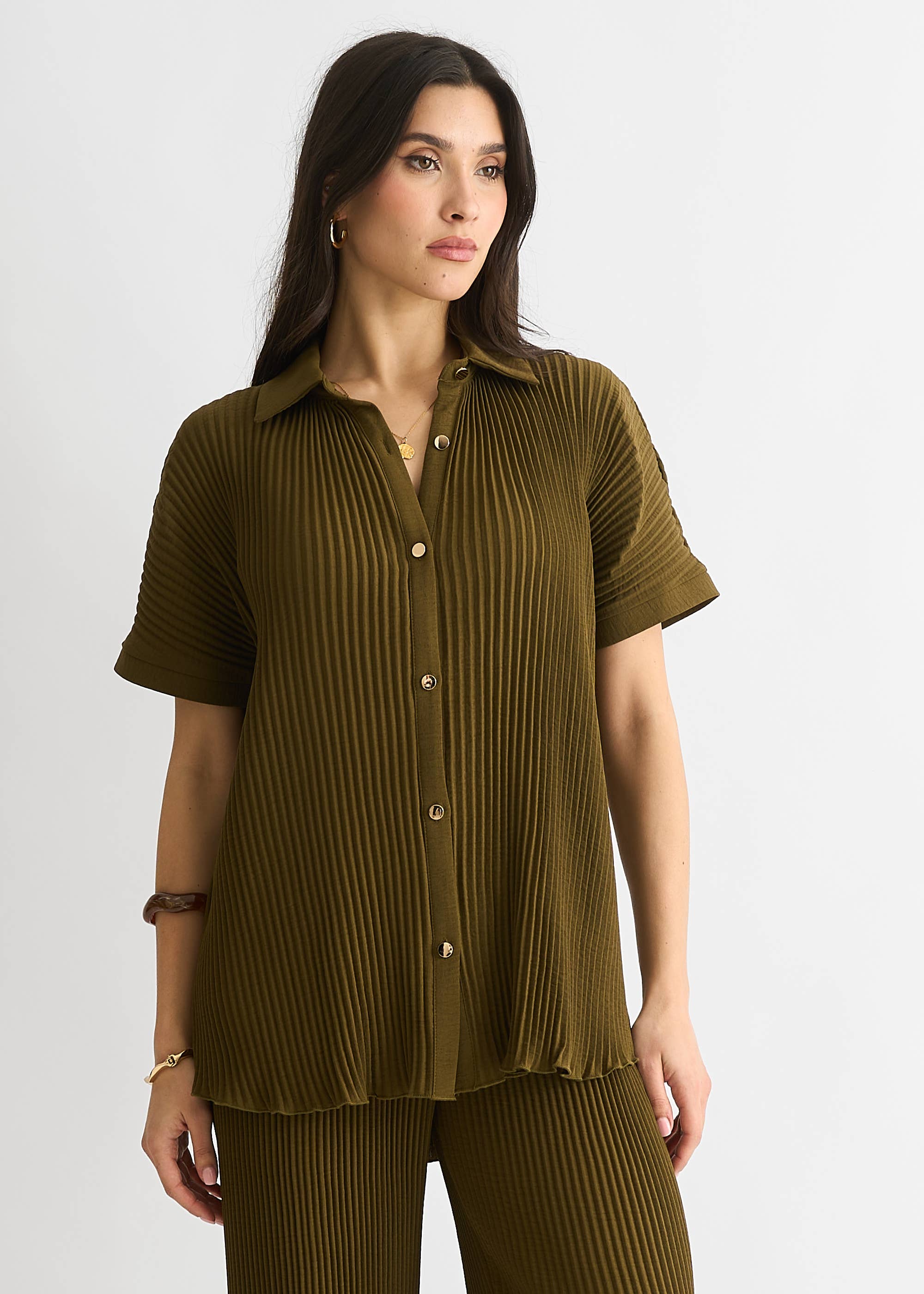 Olive Plisse Short Sleeve Oversized Shirt