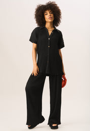 Black Plisse Loungewear Wide Leg Trousers