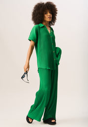 Green Plisse Loungewear Wide Leg Trousers