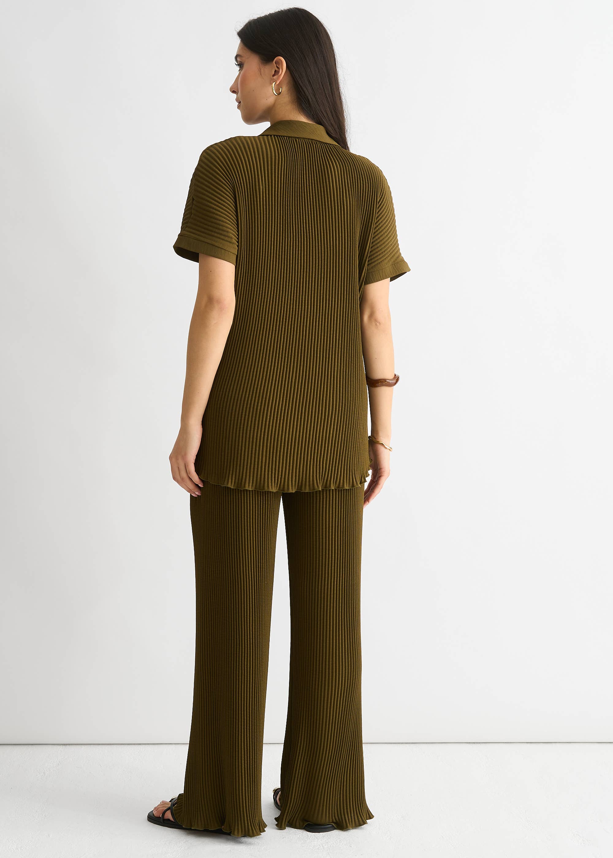 Olive Plisse Short Sleeve Oversized Shirt