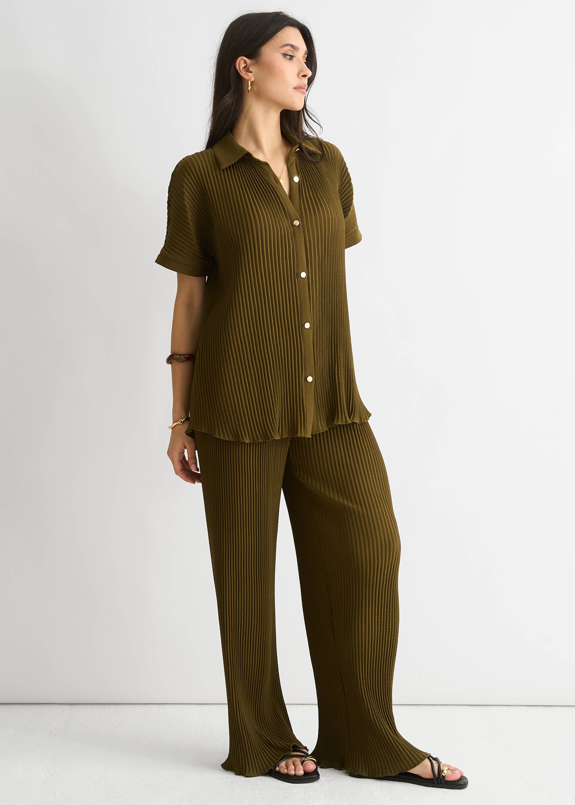 Olive Plisse Short Sleeve Oversized Shirt