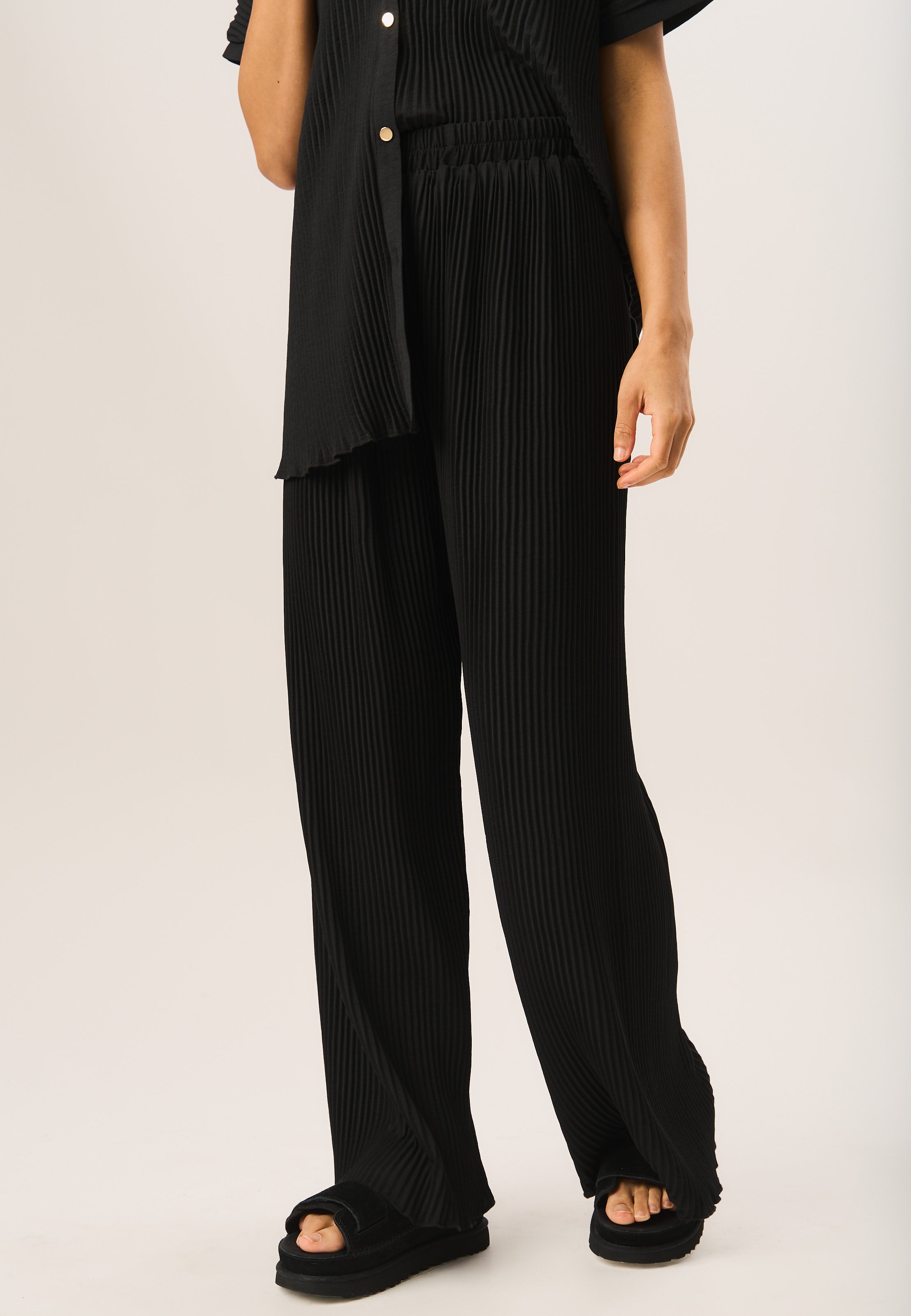 Black Plisse Loungewear Wide Leg Trousers