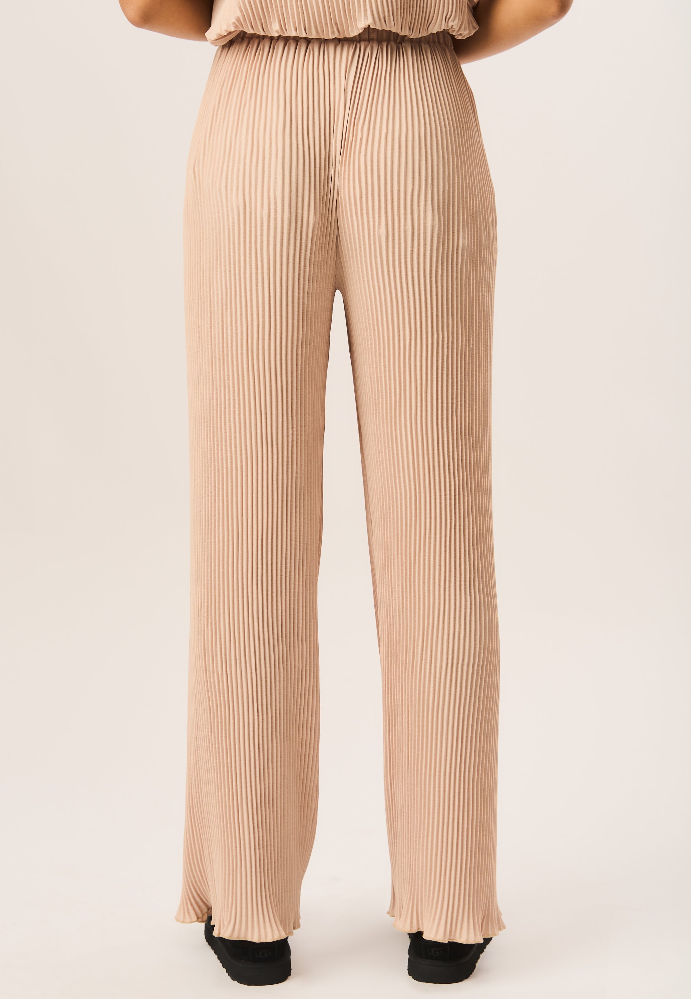 Beige Plisse Loungewear Wide Leg Trousers