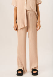 Beige Plisse Loungewear Wide Leg Trousers