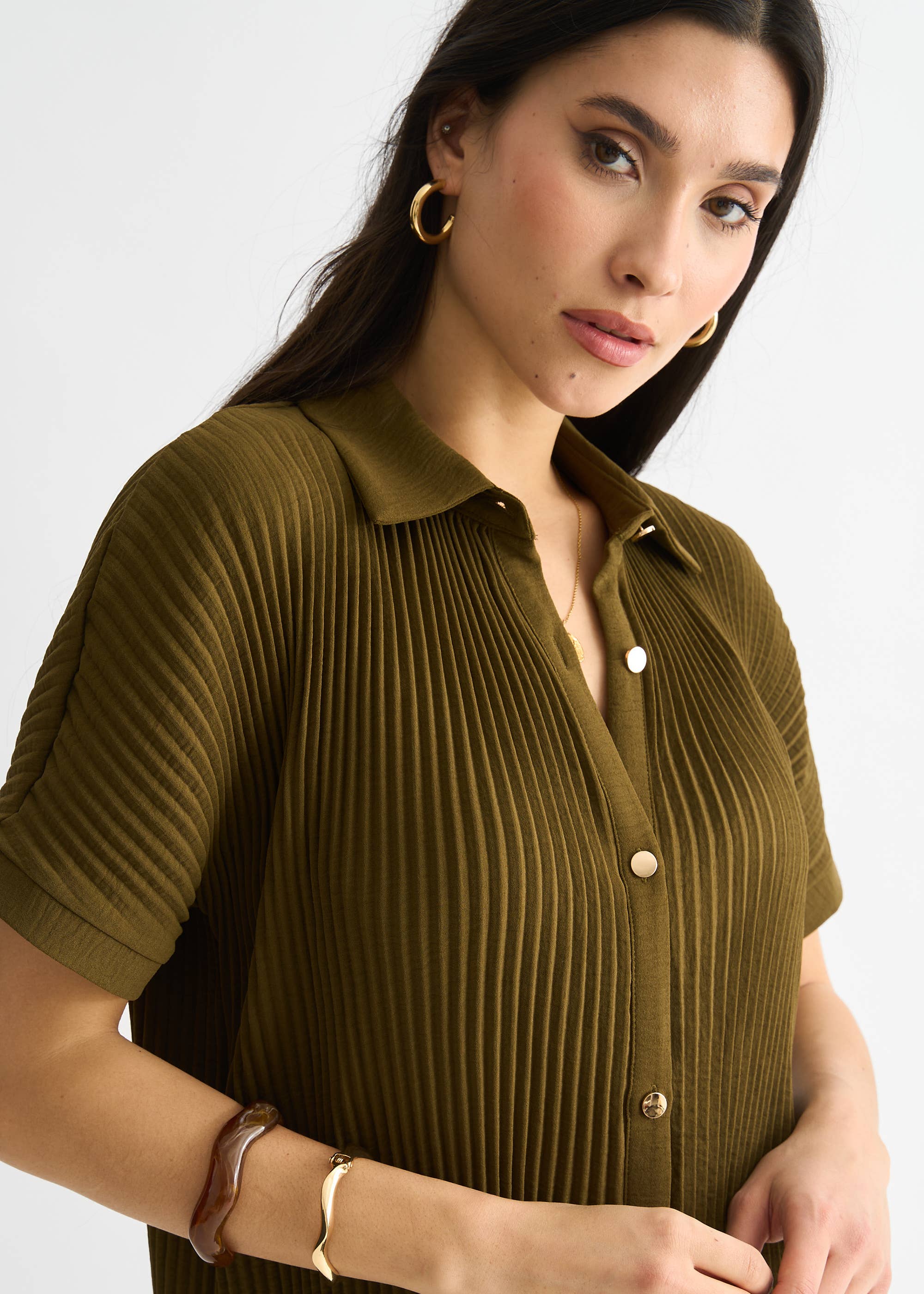 Olive Plisse Short Sleeve Oversized Shirt