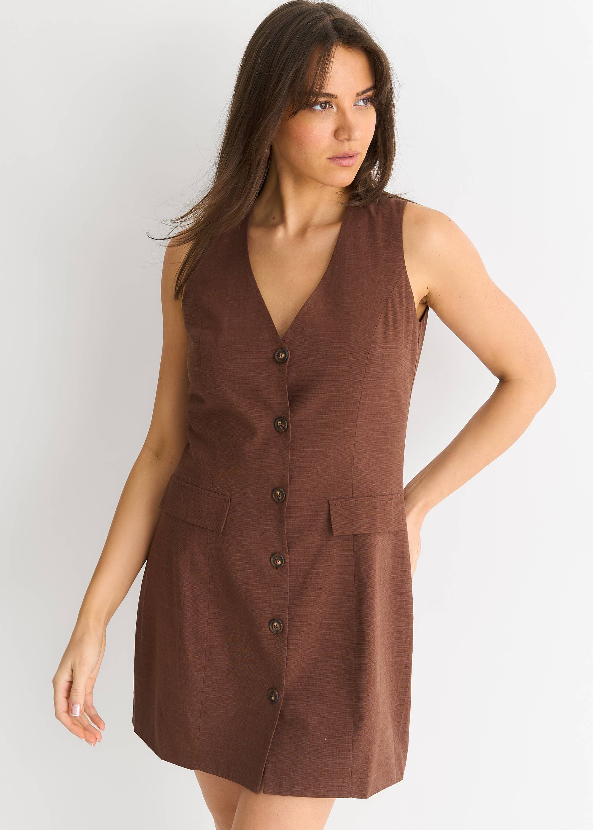 Chocolate Button Through Cotton Viscose Blend Mini Shirt Dress