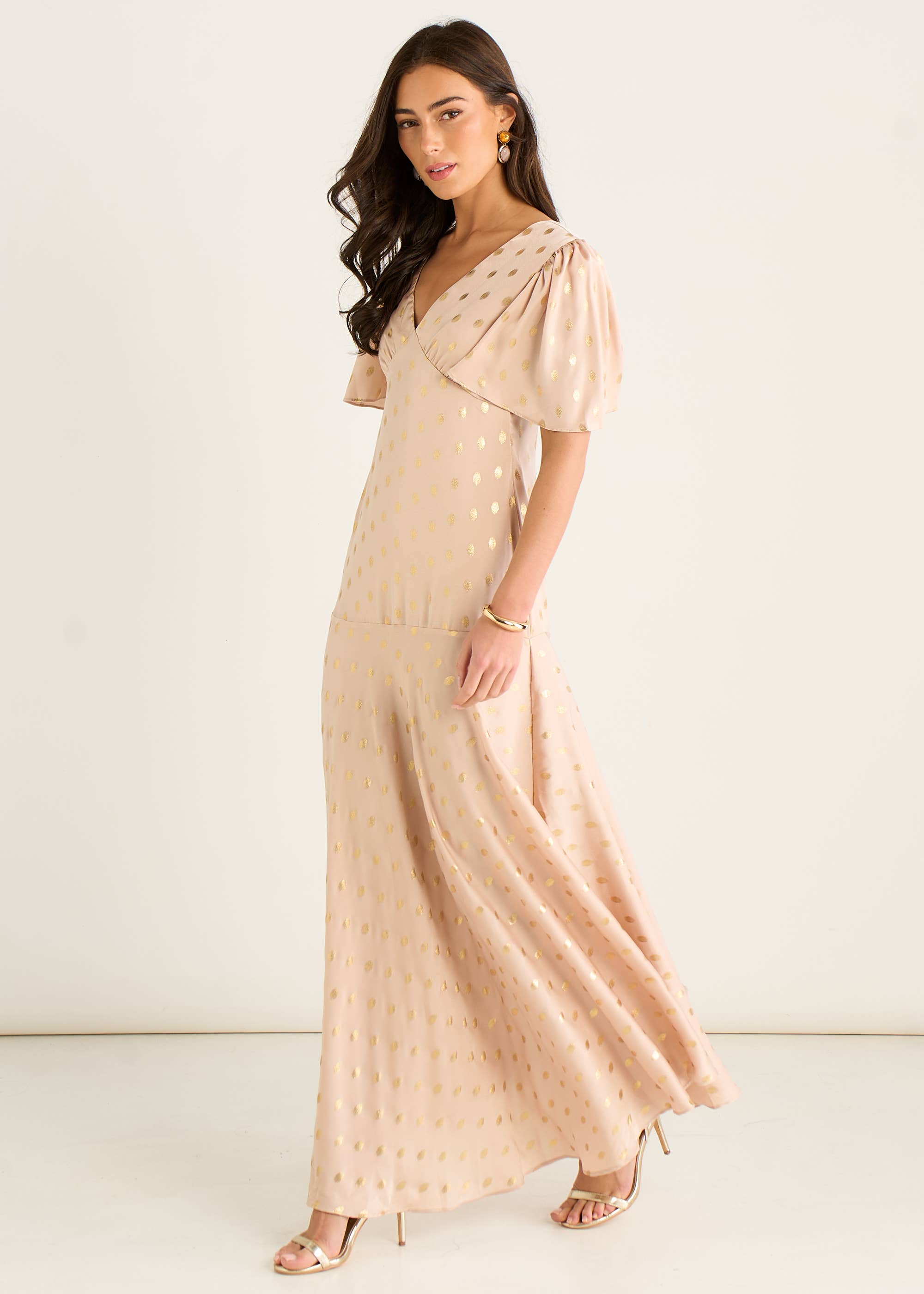 Stone Angel Sleeves Foil Pattern Maxi Dress