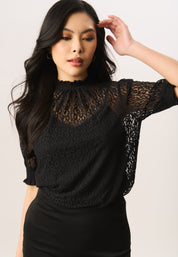 Black High Neck Lace Loose Fit Blouse