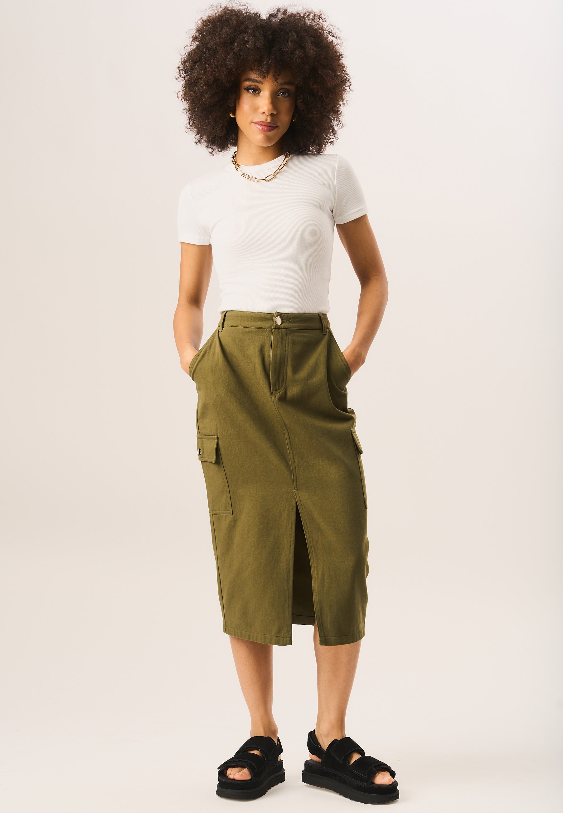 Khaki Cargo Midi Skirt