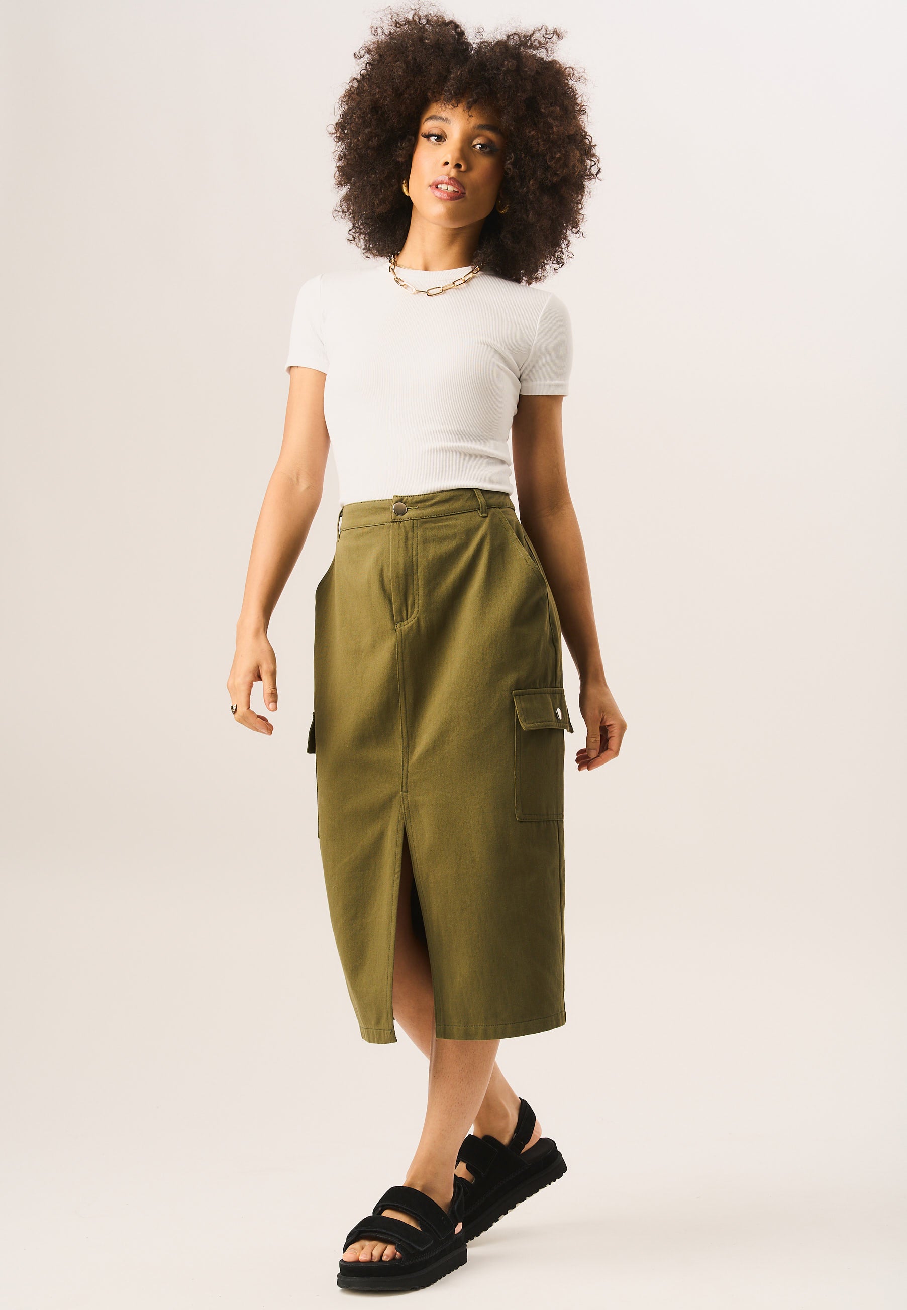 Khaki Cargo Midi Skirt