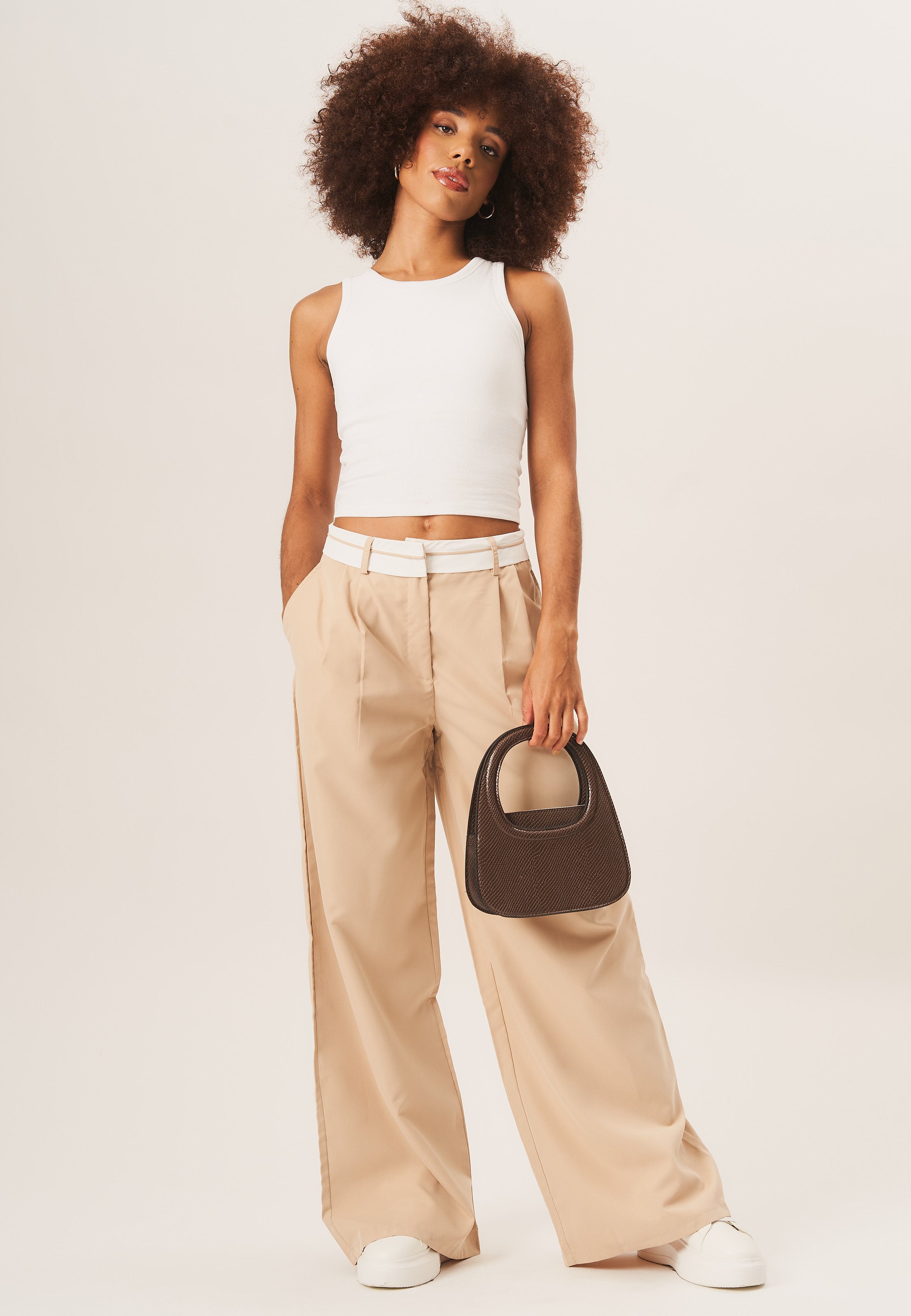 Beige Tailored Wide Leg Trousers