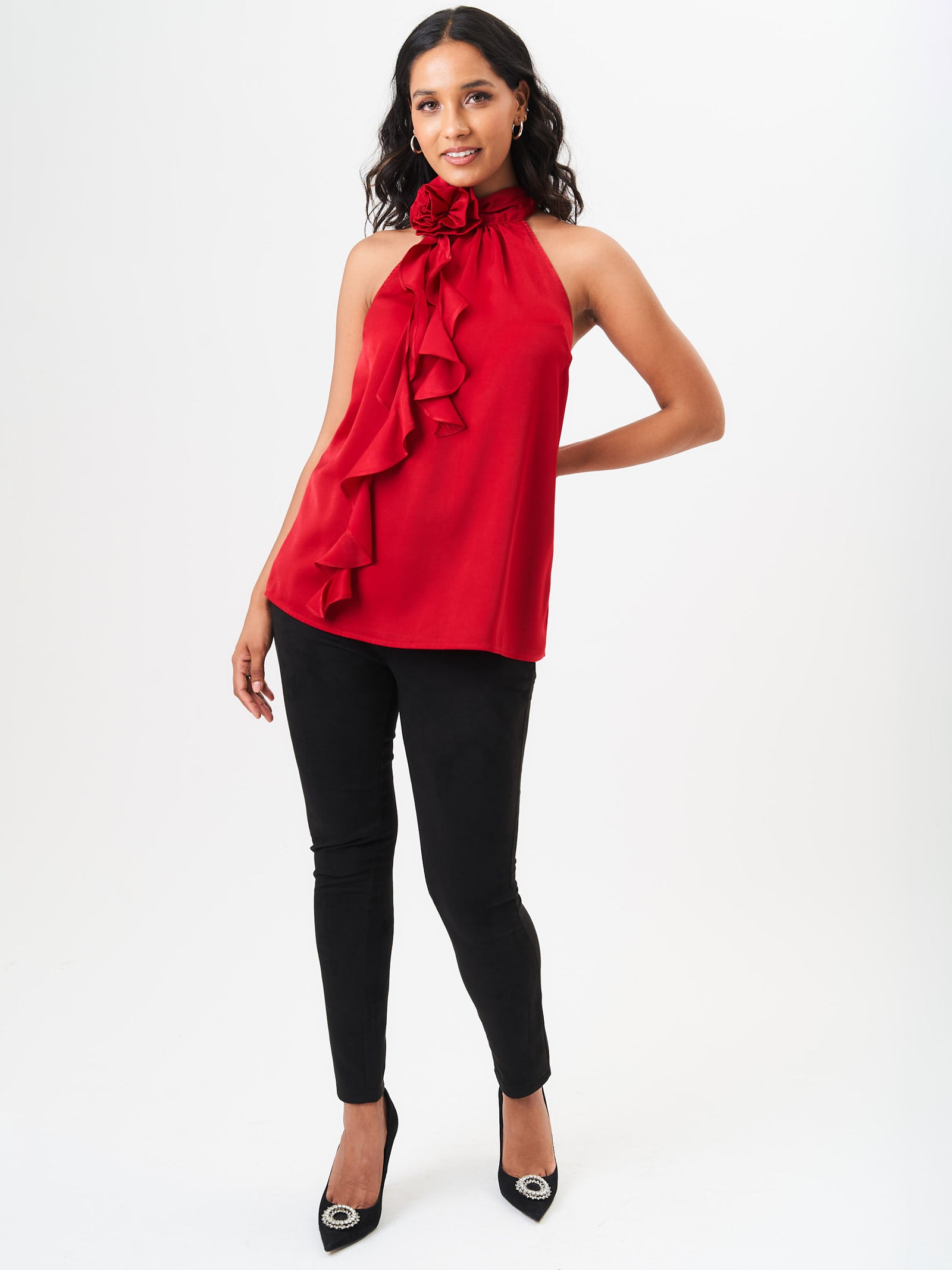 Red Corsage Frill Halter Neck Top