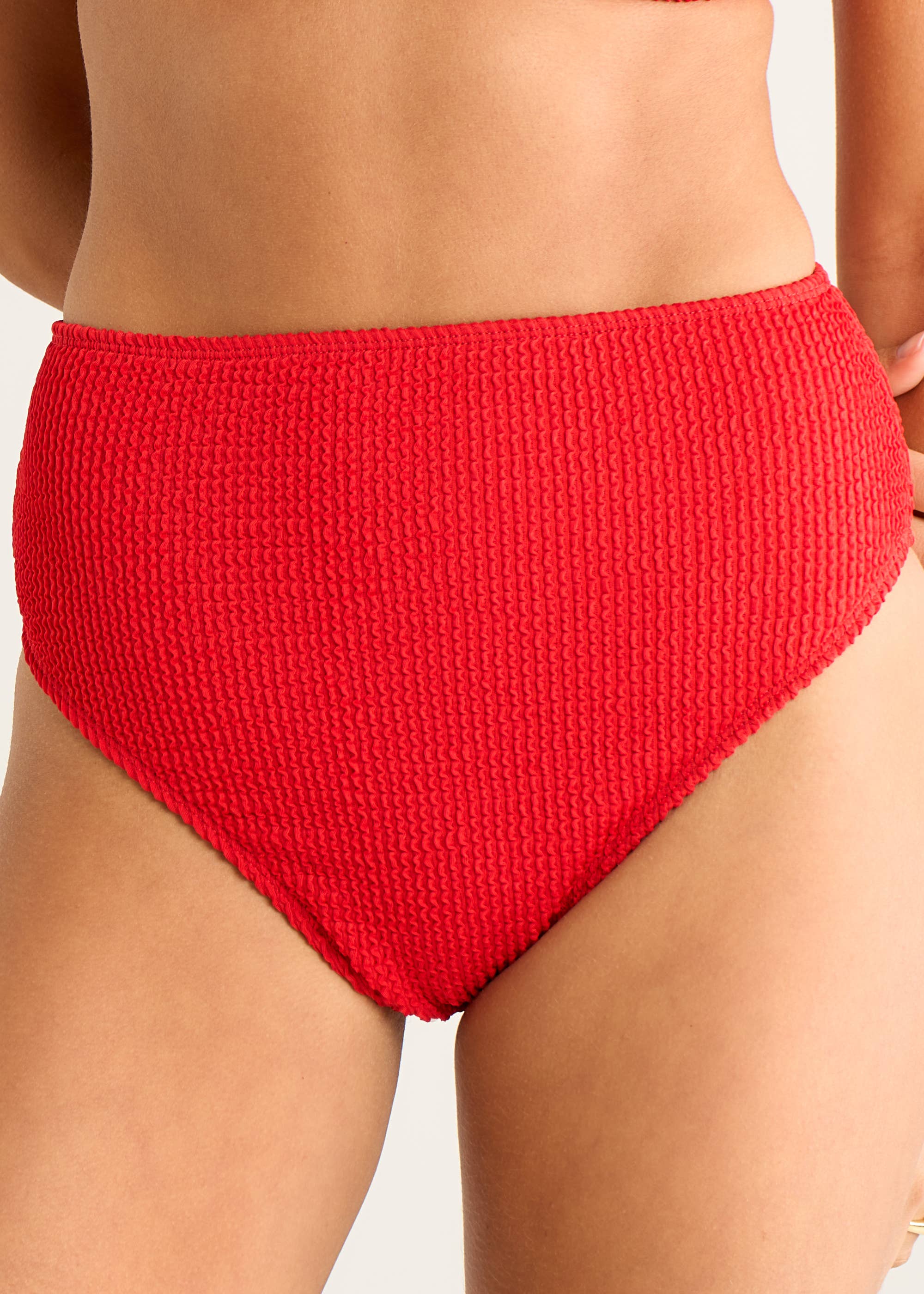Red Textured High Waist Bikini Bottom