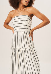 White Cotton Stripe Bandeau Skater Midi Dress