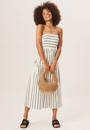 White Cotton Stripe Bandeau Skater Midi Dress