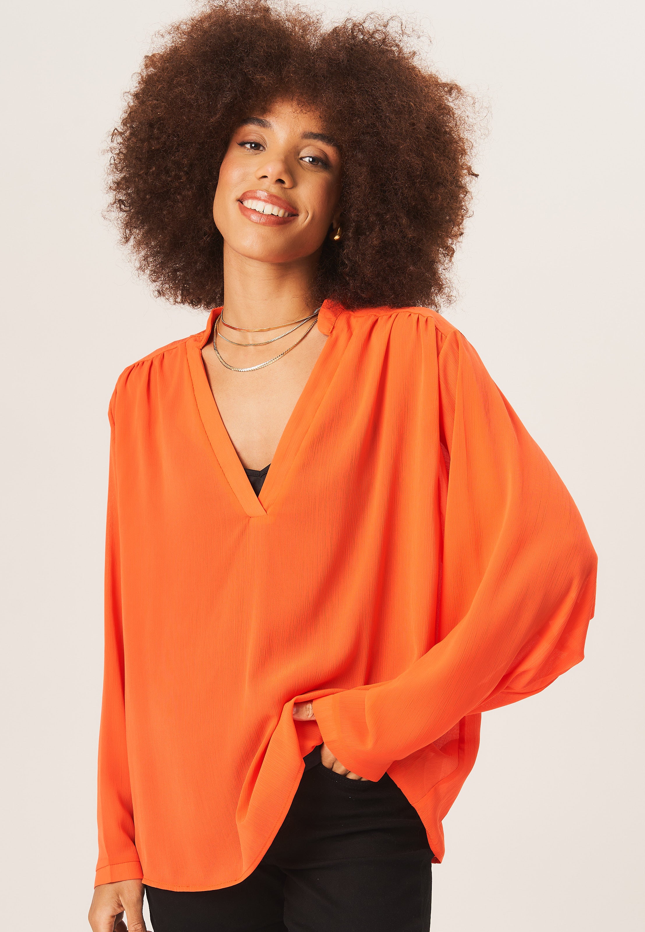 Orange Textured Chiffon Oversized Blouse