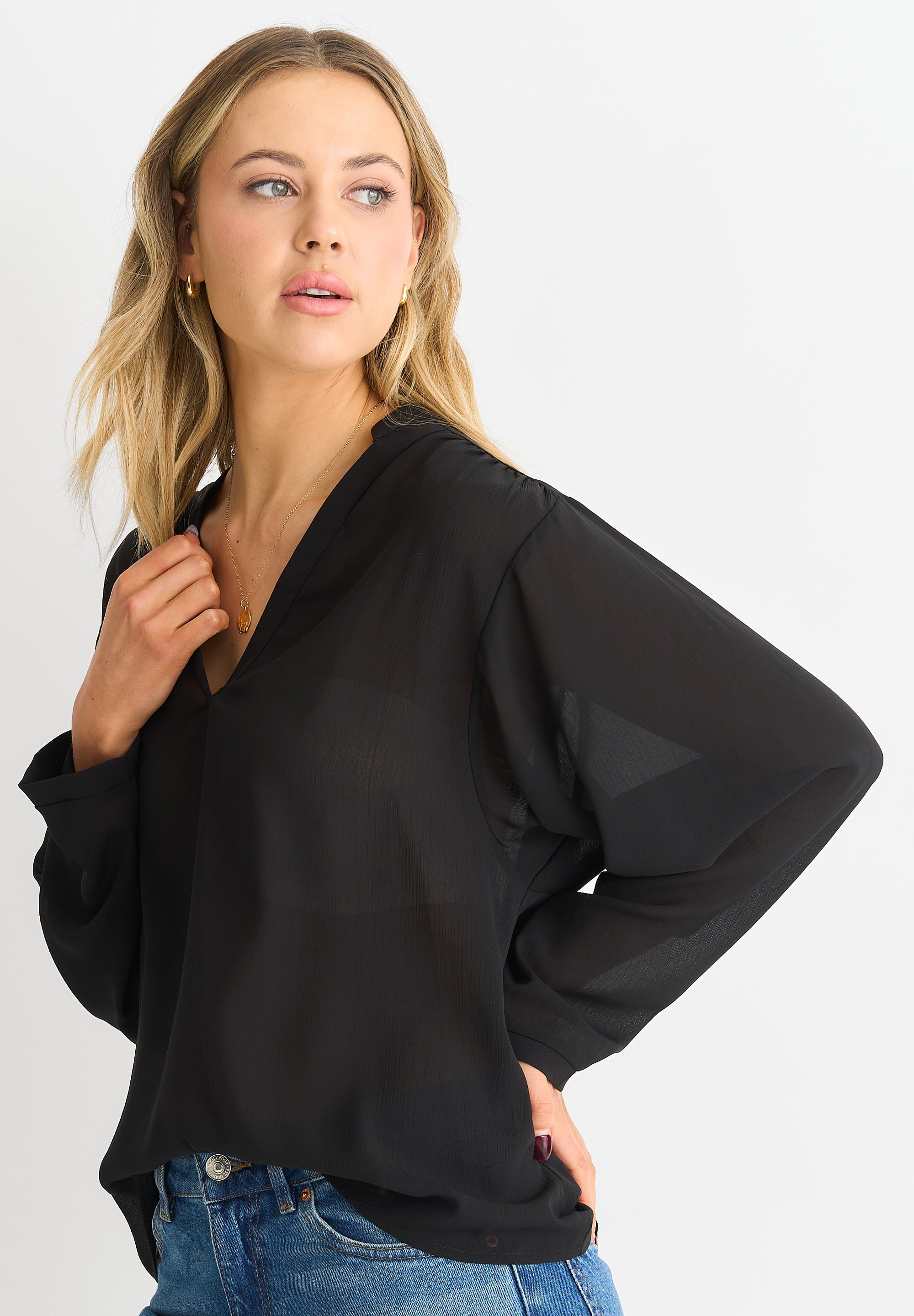 Black Textured Chiffon Oversized Blouse