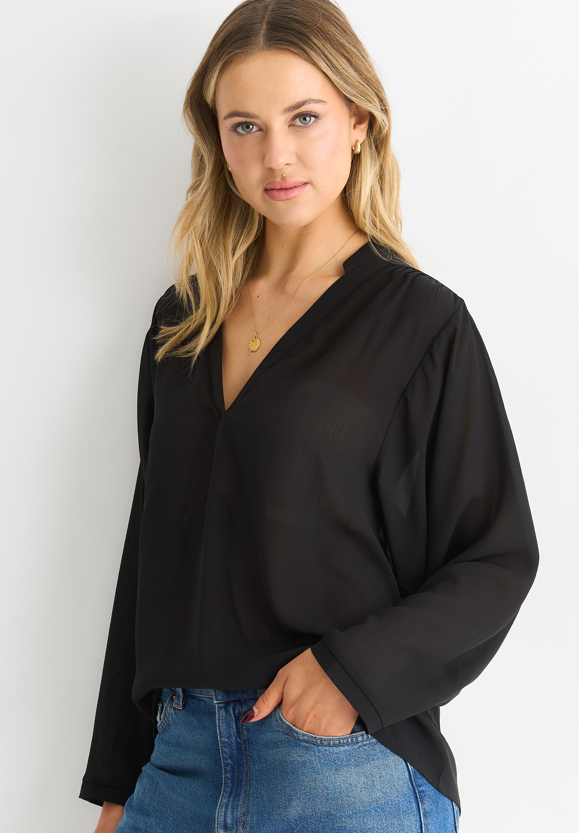 Black Textured Chiffon Oversized Blouse