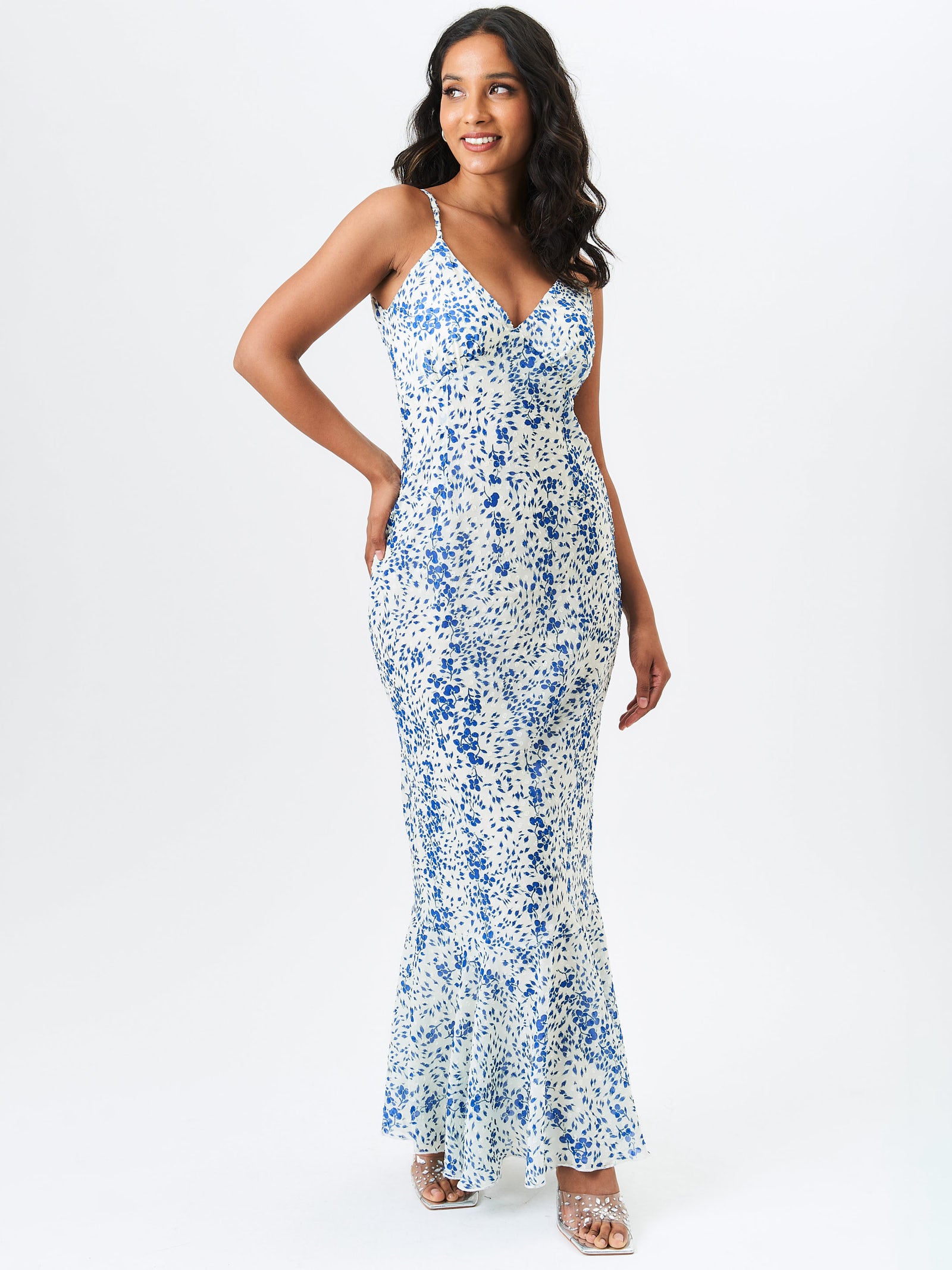 Ivory Dobby Floral Chiffon Strappy Maxi Dress