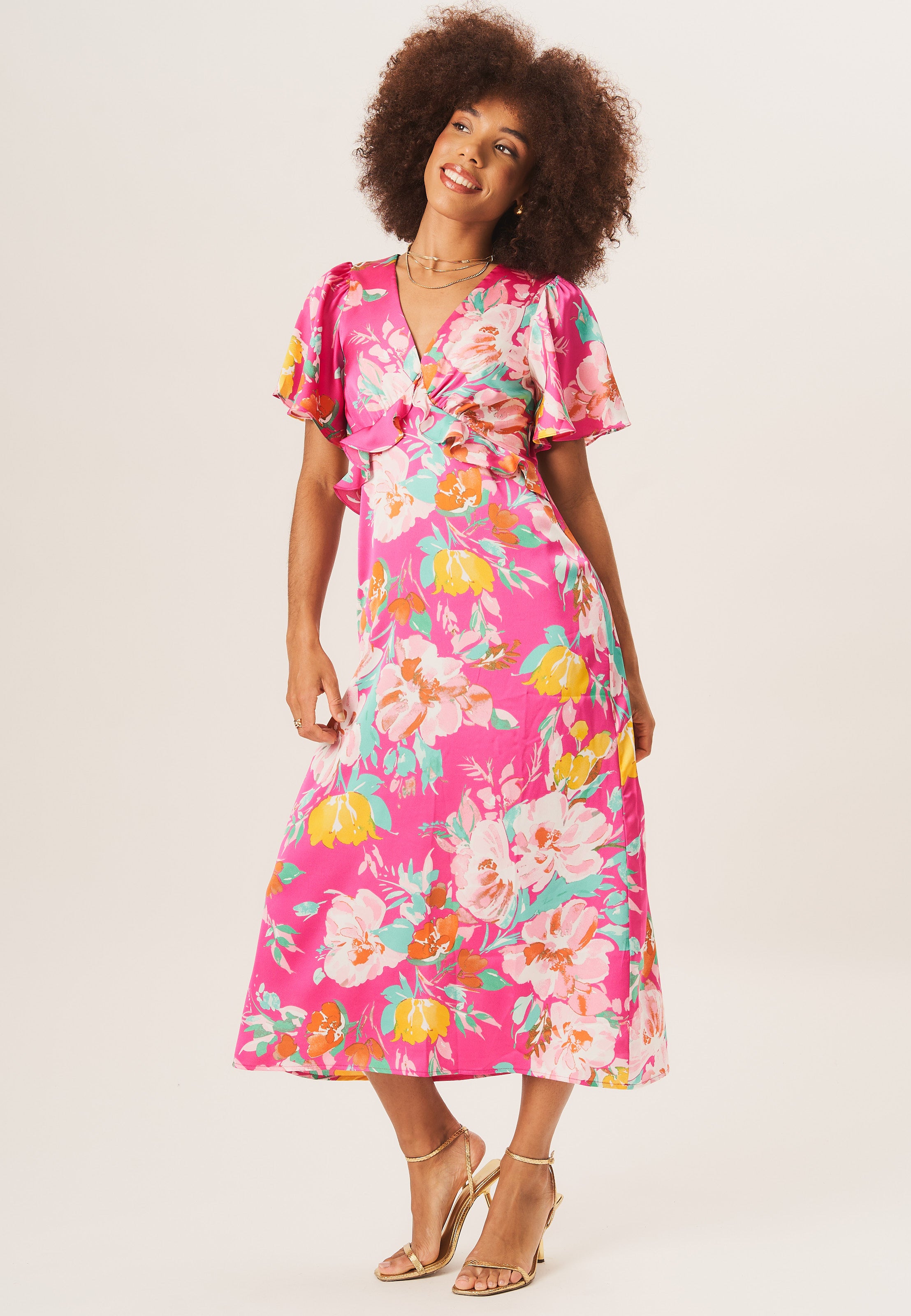 Pink Floral Print Angel Sleeves Midi Dress