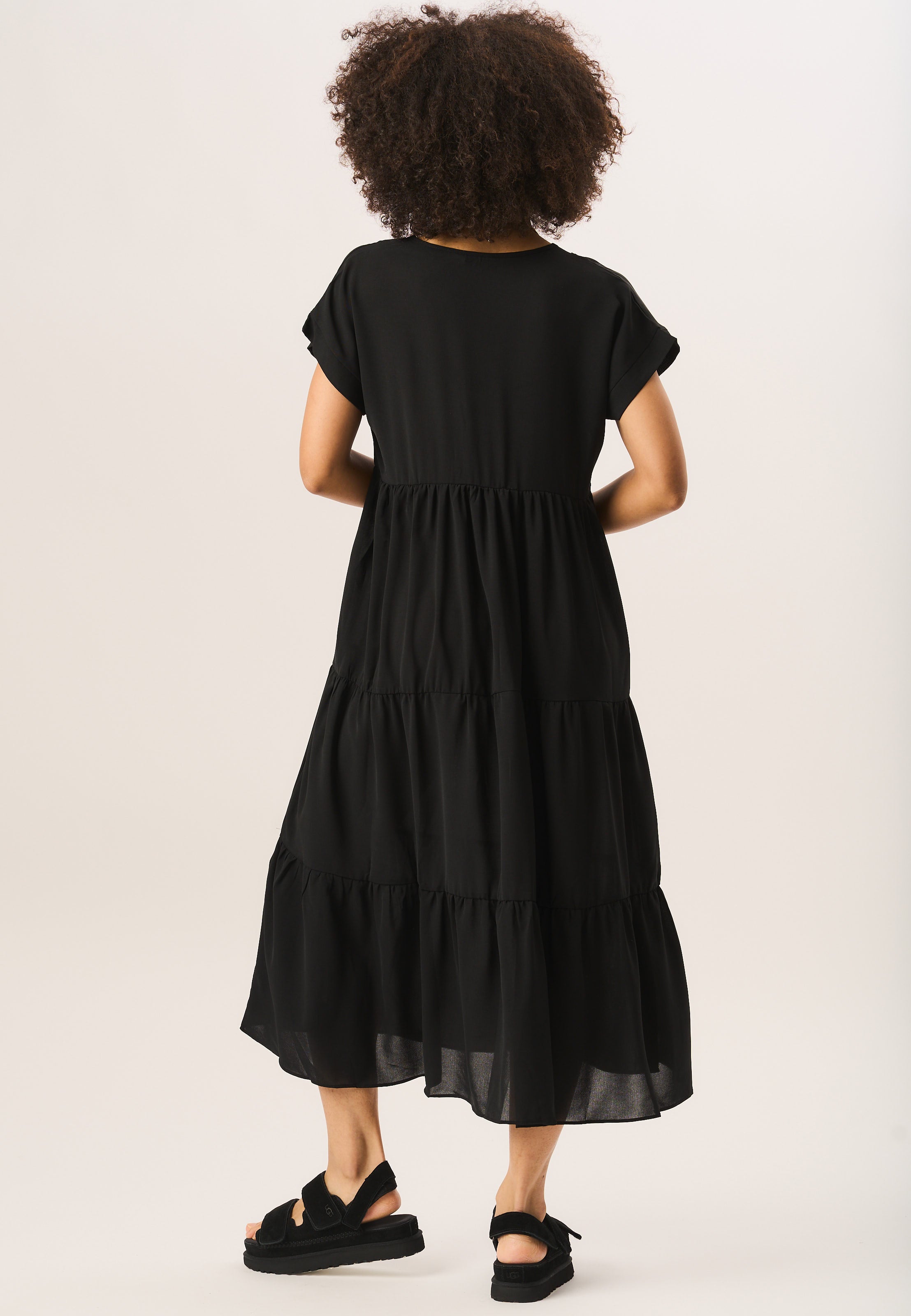 Black V Neck Tiered Midi Smock Dress