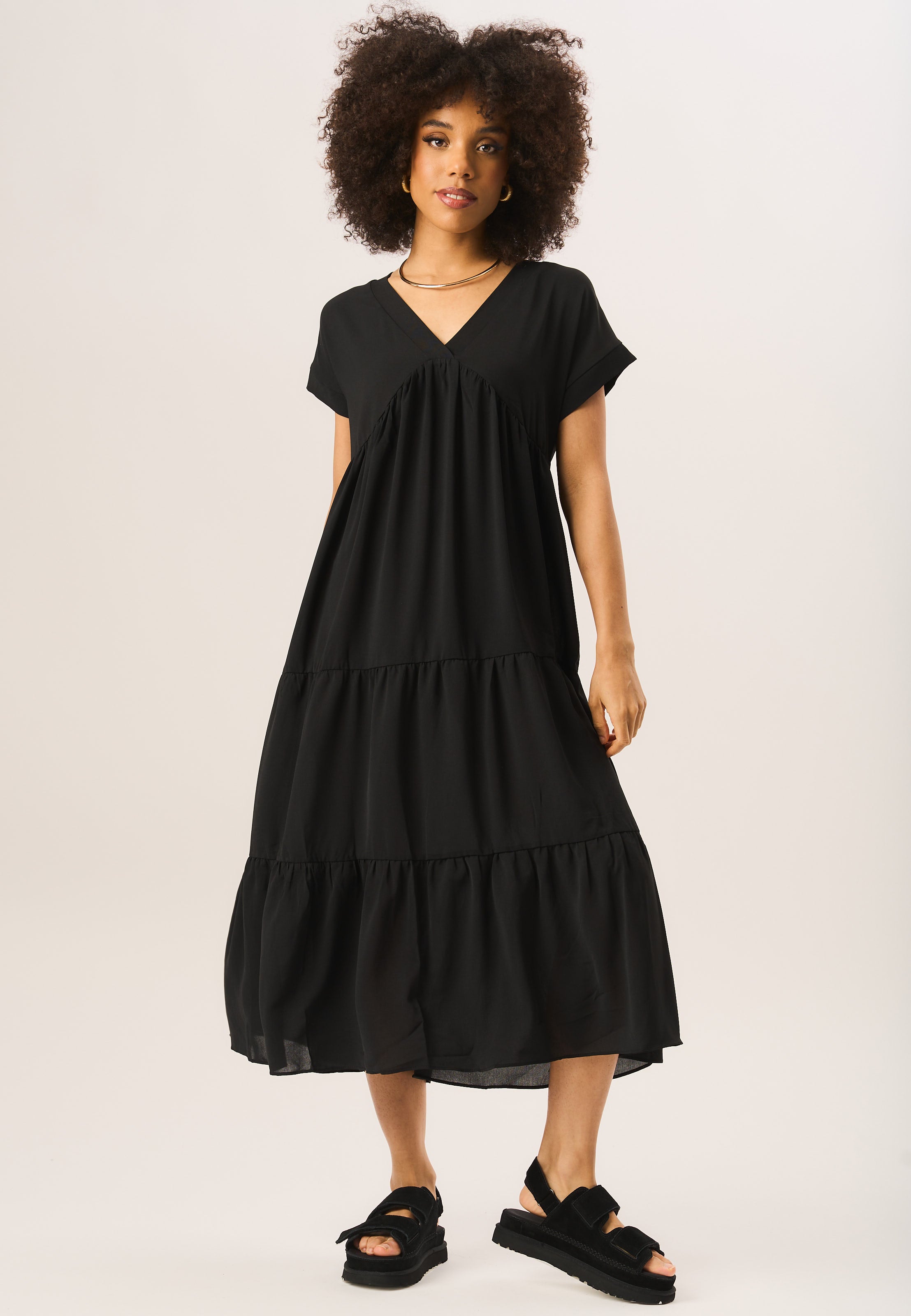 Black V Neck Tiered Midi Smock Dress