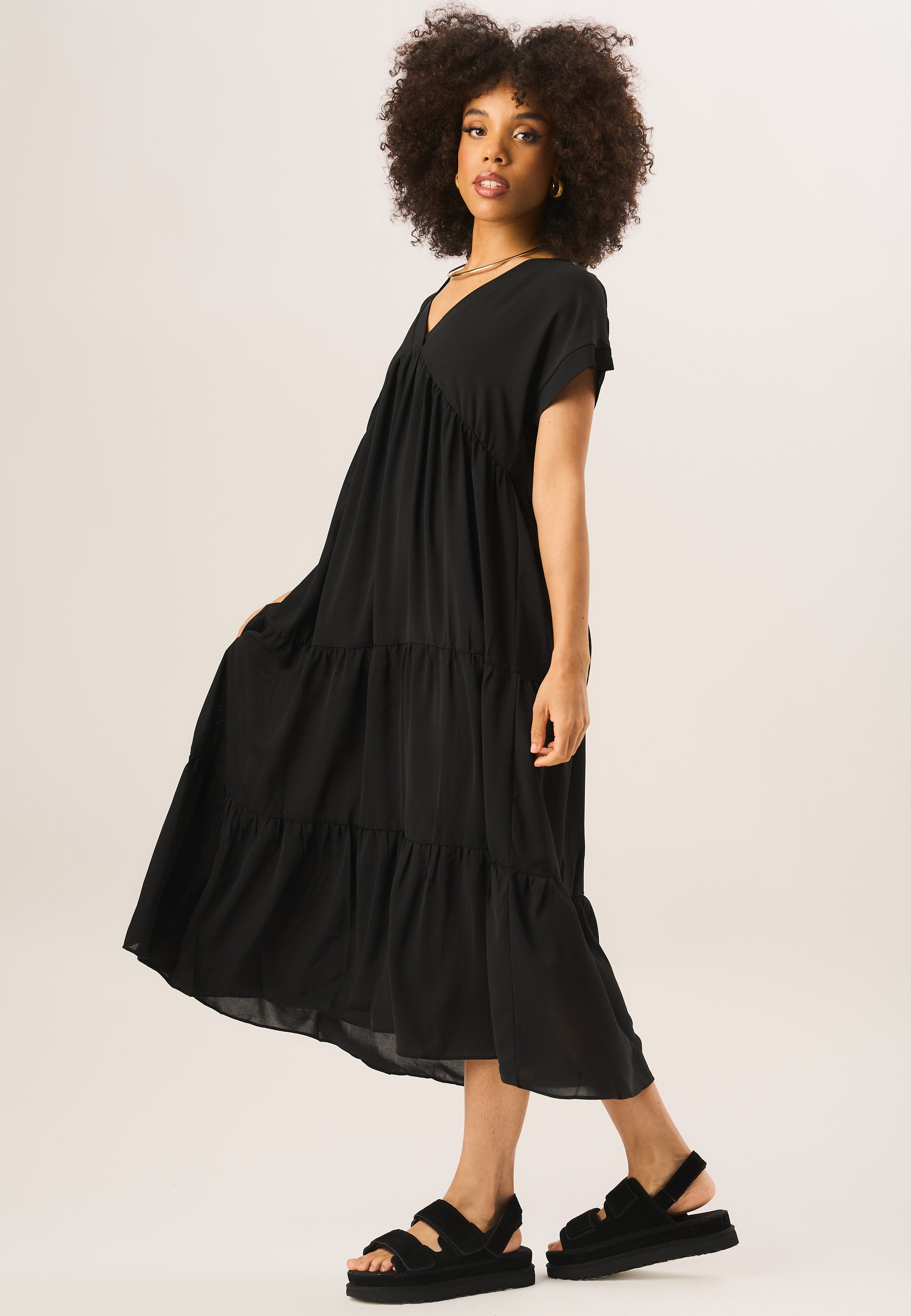 Black V Neck Tiered Midi Smock Dress