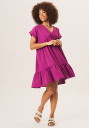 Wine V Neck Tiered Mini Smock Dress