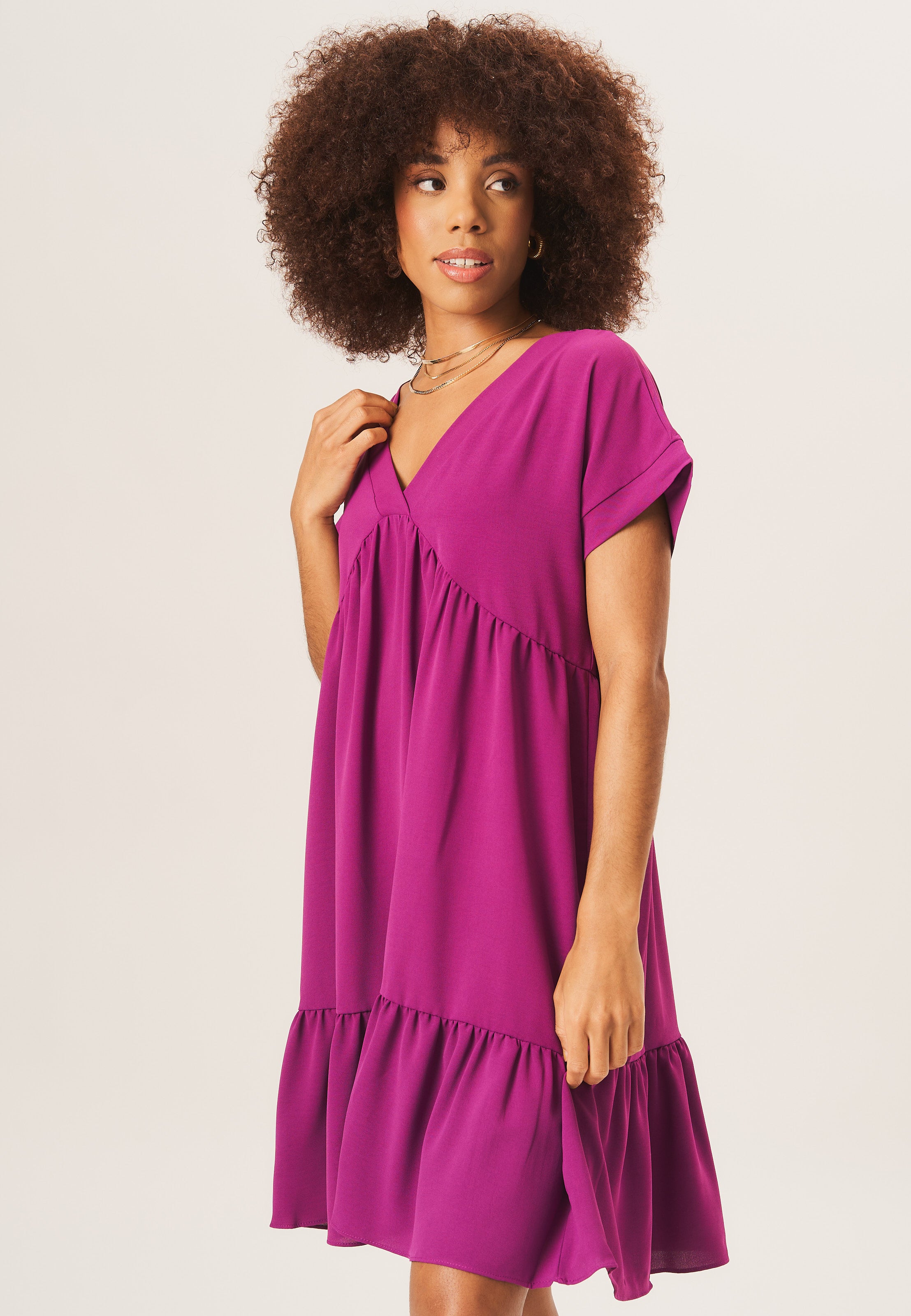 Wine V Neck Tiered Mini Smock Dress