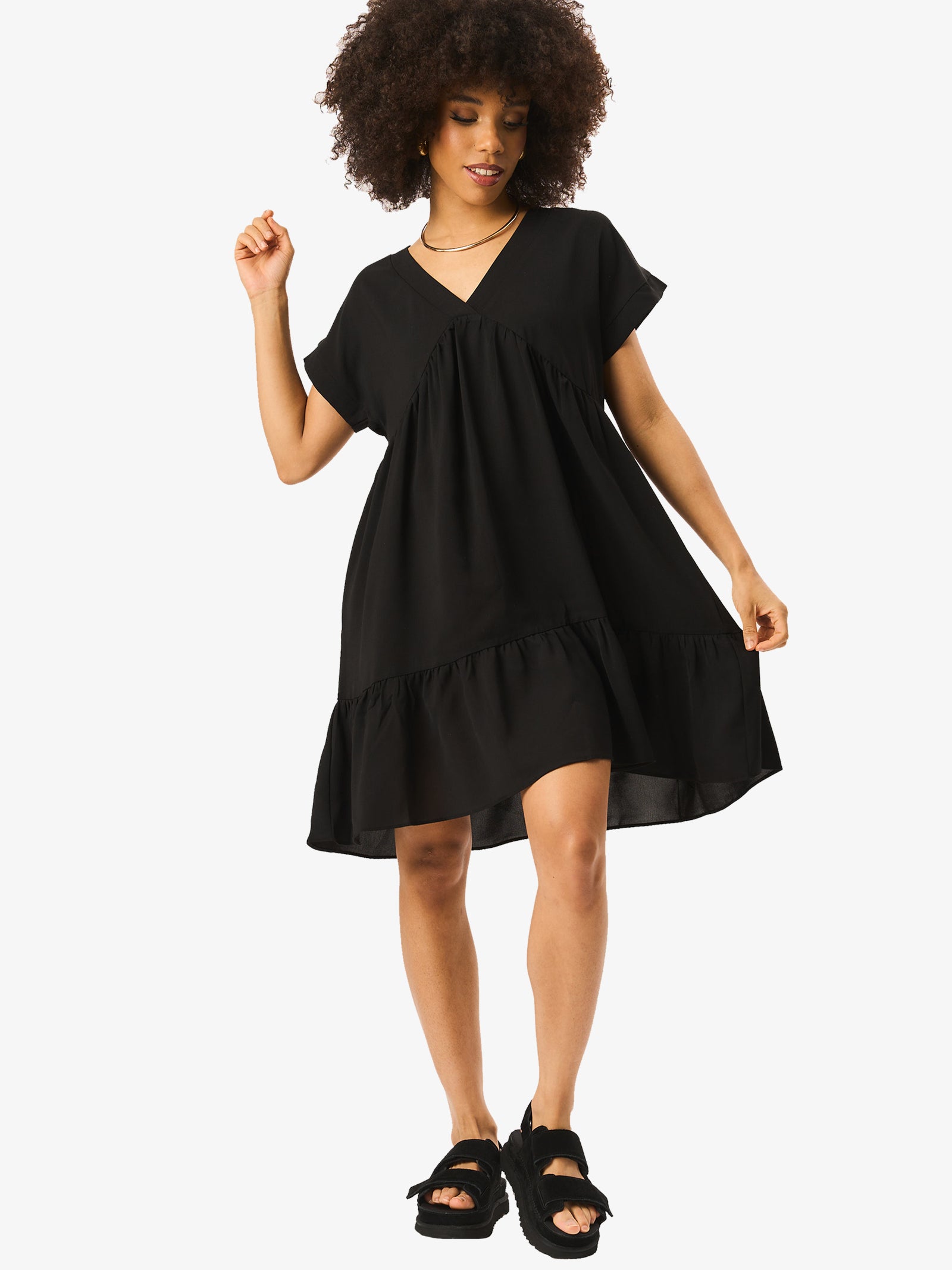 Black V Neck Tiered Mini Smock Dress