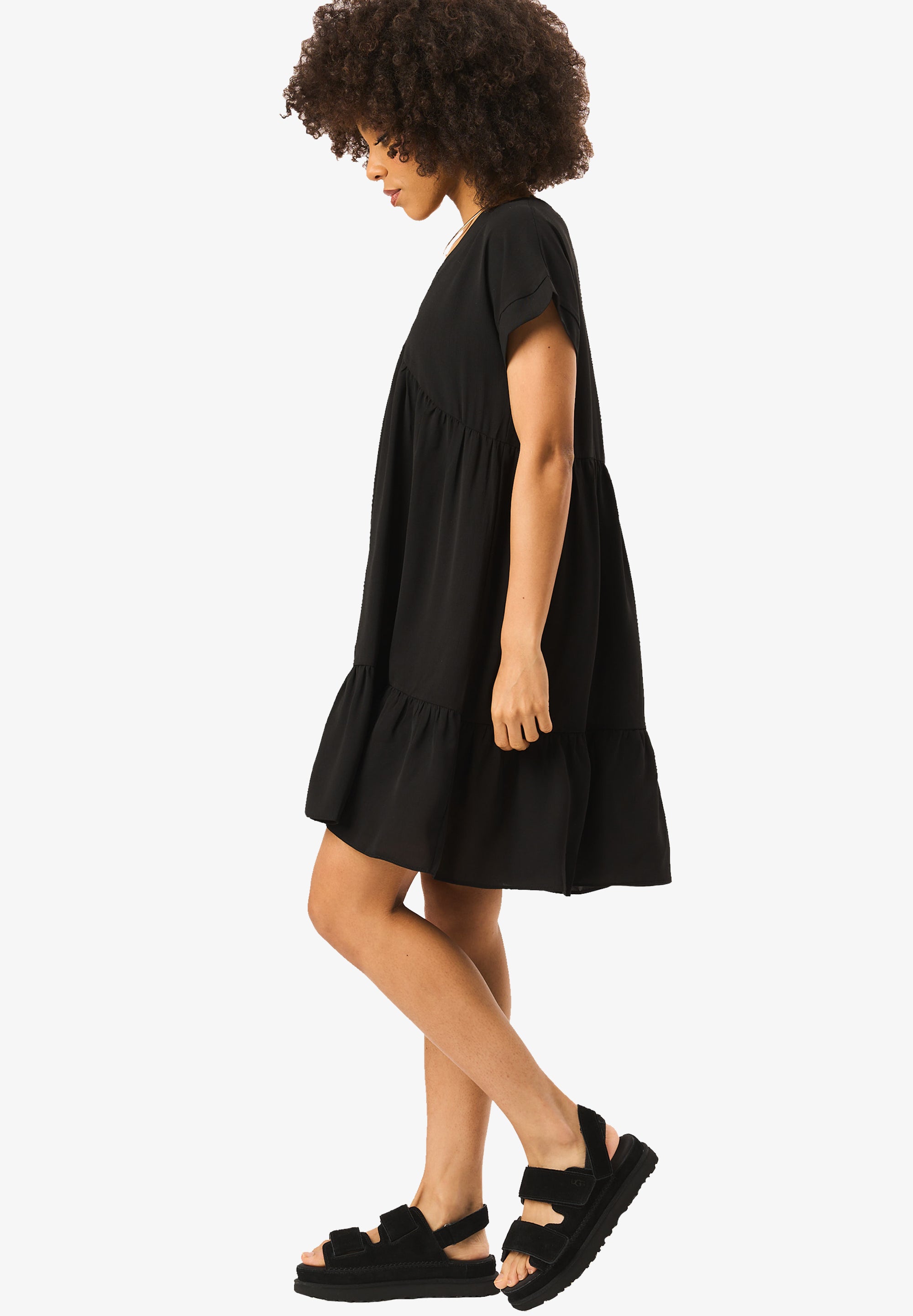 Black V Neck Tiered Mini Smock Dress