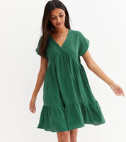 Dark Green V Neck Tiered Mini Smock Dress